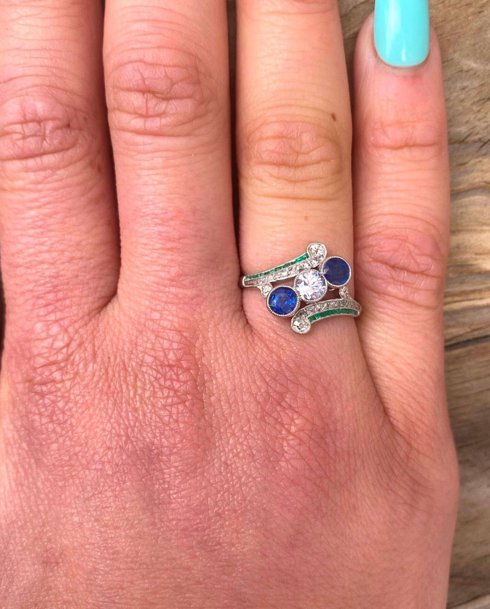 Art Deco Diamonds Emeralds Sapphires Platinum Ring For Sale 2