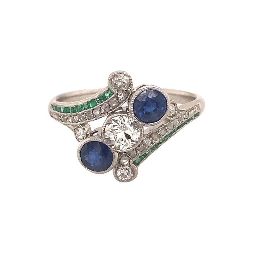 Art Deco Diamonds Emeralds Sapphires Platinum Ring For Sale
