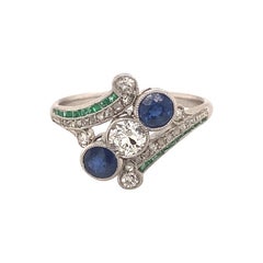 Art Deco Diamonds Emeralds Sapphires Platinum Ring