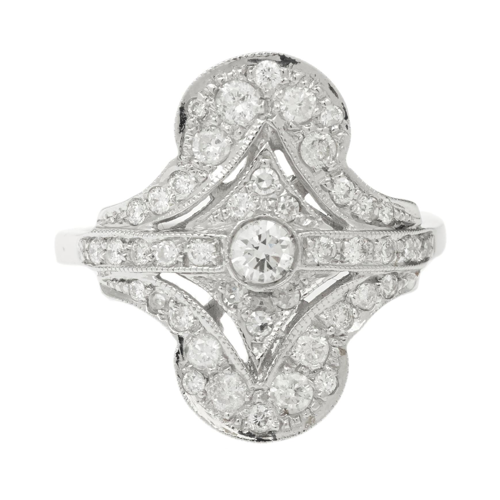 Art Deco Style Diamonds Pave 18k White Gold Ring