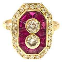Vintage Art Deco Style Diamonds Rubies 18 Karat Yellow Gold Ring