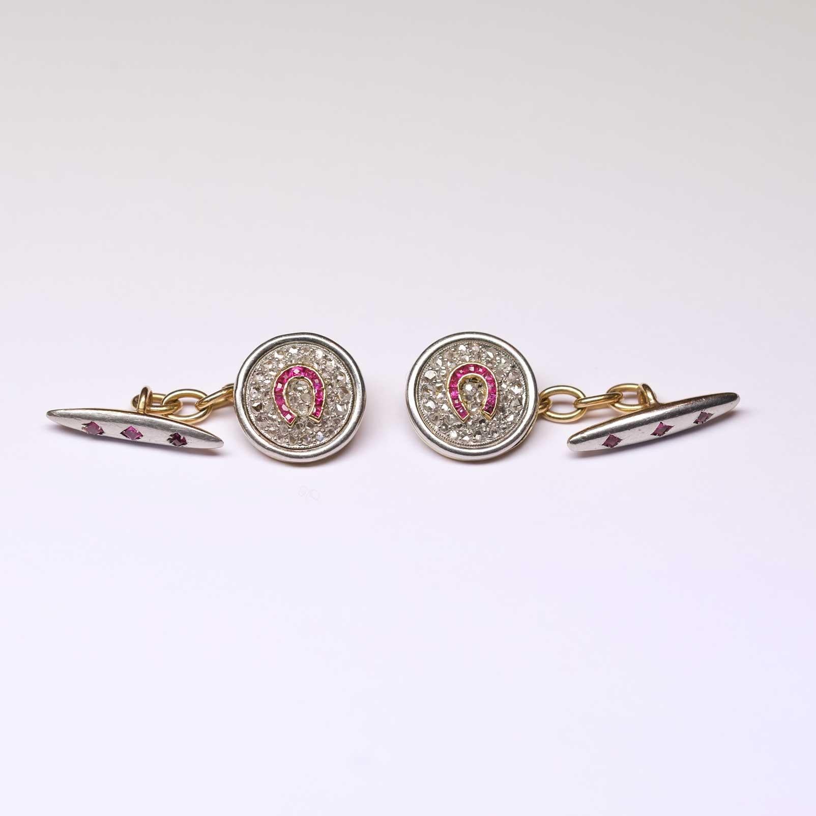 Round Cut Art Deco Diamonds & Rubies Cufflinks Platinum Gold For Sale