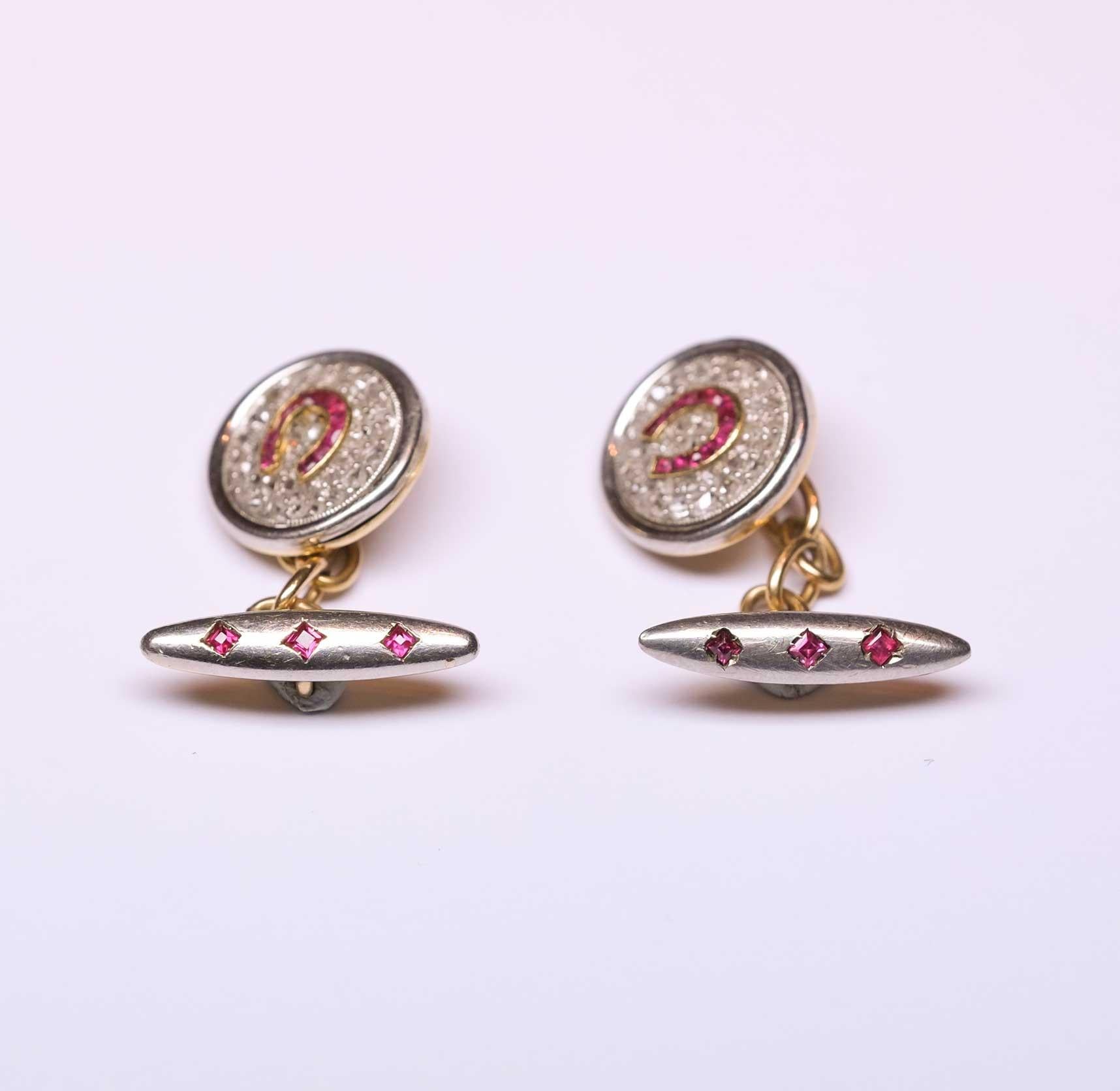 Men's Art Deco Diamonds & Rubies Cufflinks Platinum Gold For Sale