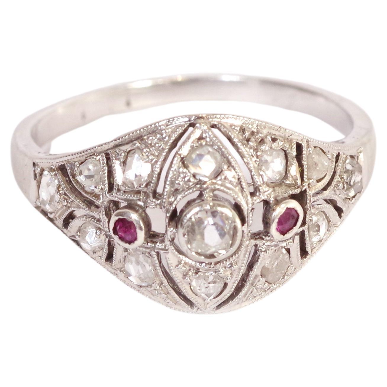 Art Deco diamonds ruby ring in 18-karat white gold For Sale