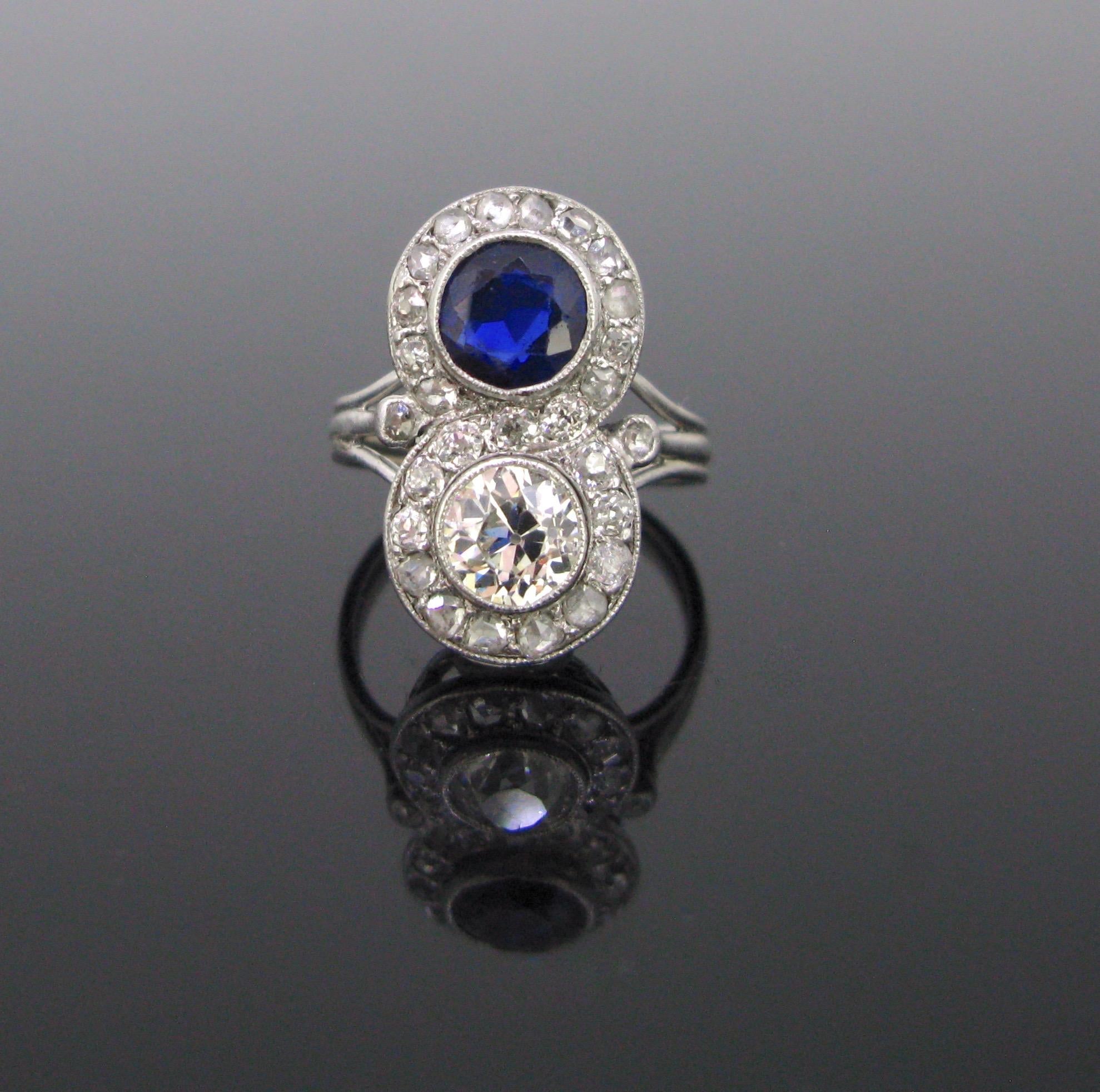 Old Mine Cut Art Deco Diamonds Sapphire Toi et Moi Crossover Platinum Ring