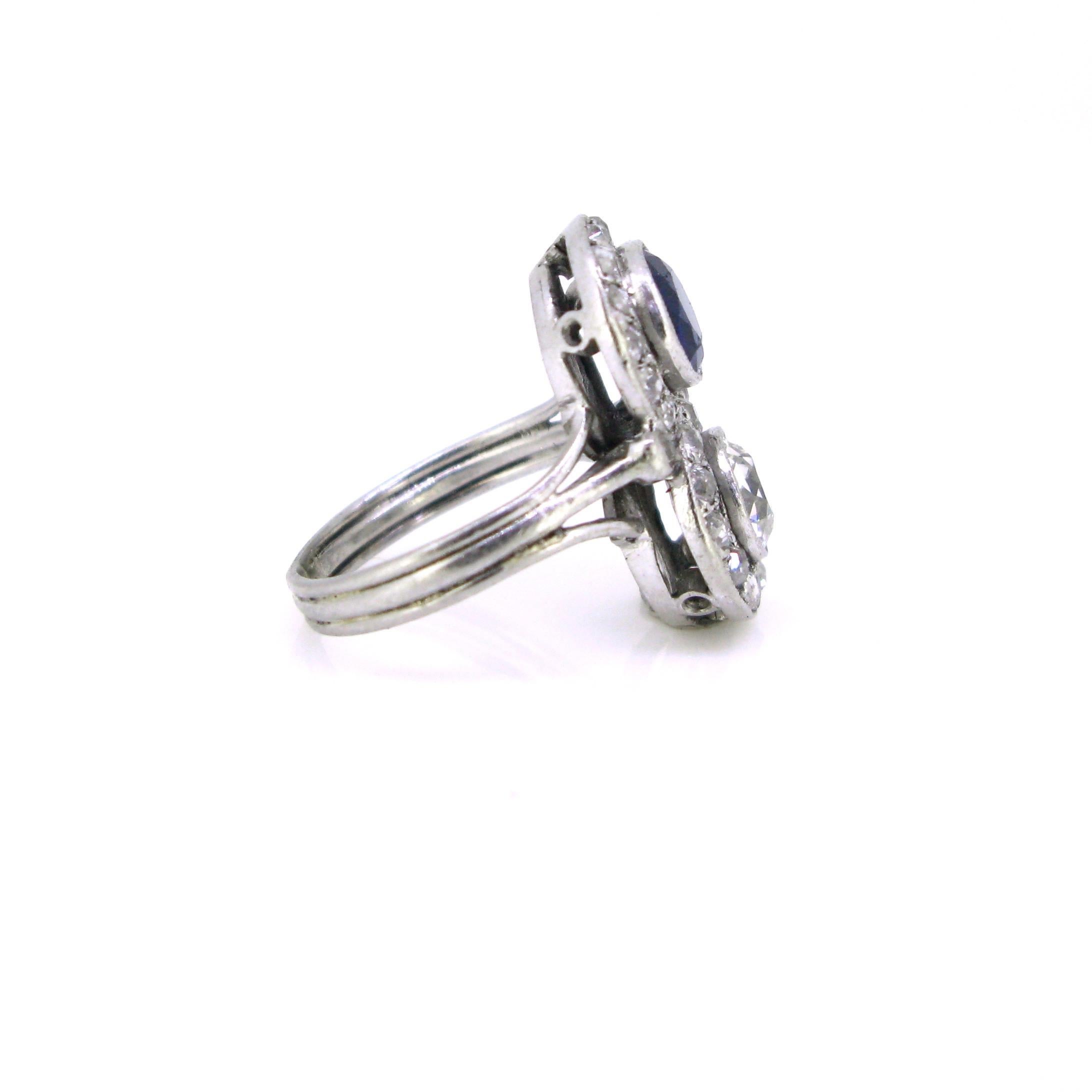 Women's or Men's Art Deco Diamonds Sapphire Toi et Moi Crossover Platinum Ring