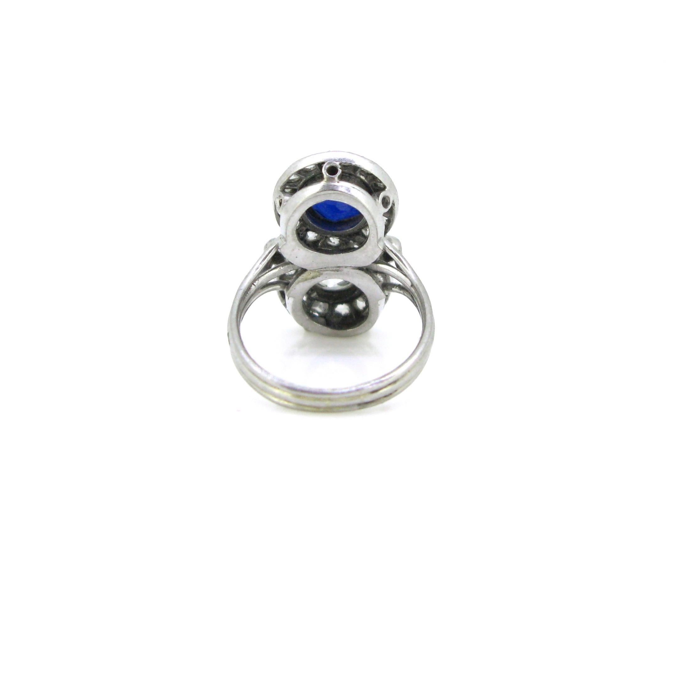 Art Deco Diamonds Sapphire Toi et Moi Crossover Platinum Ring 1