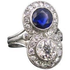 Art Deco Diamonds Sapphire Toi et Moi Crossover Platinum Ring