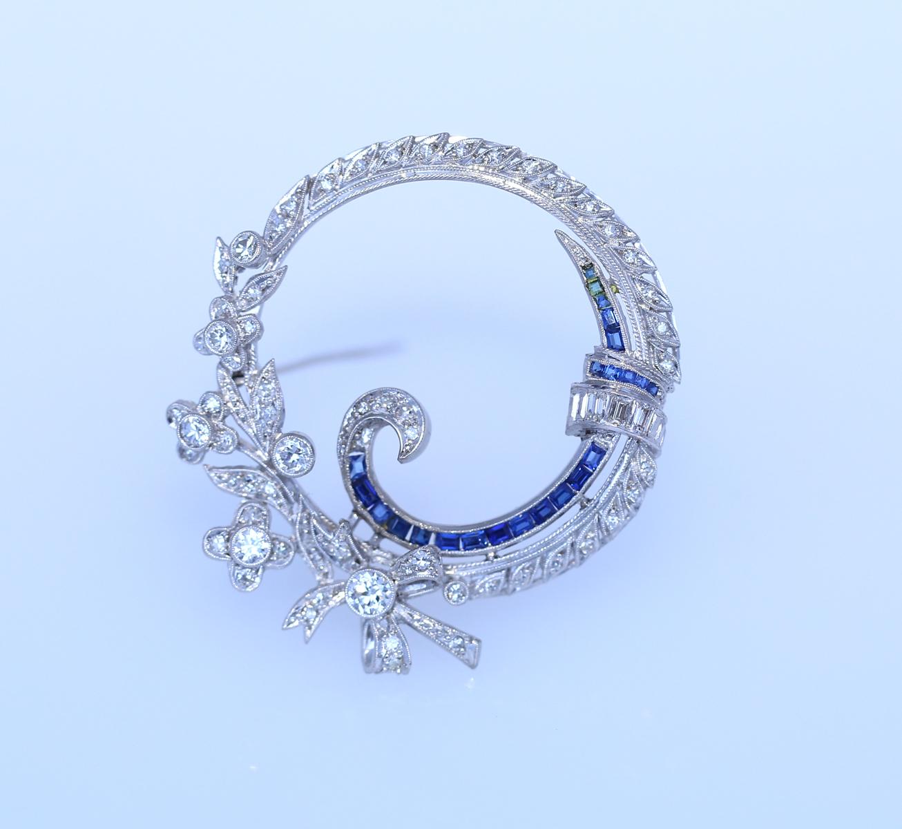 Art Deco Brooch Diamonds Sapphires Platinum  Flowers Circle, 1925 1