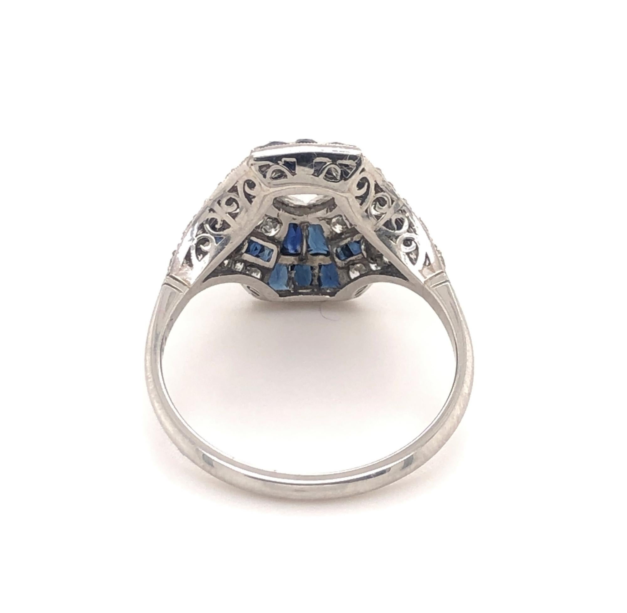 Round Cut Art Deco Style Diamonds Sapphires Platinum Ring For Sale