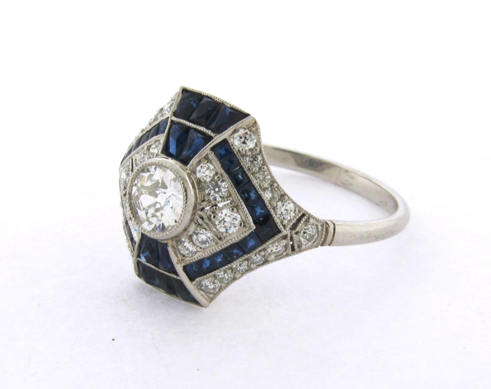 Women's Art Deco Style Diamonds Sapphires Platinum Ring For Sale