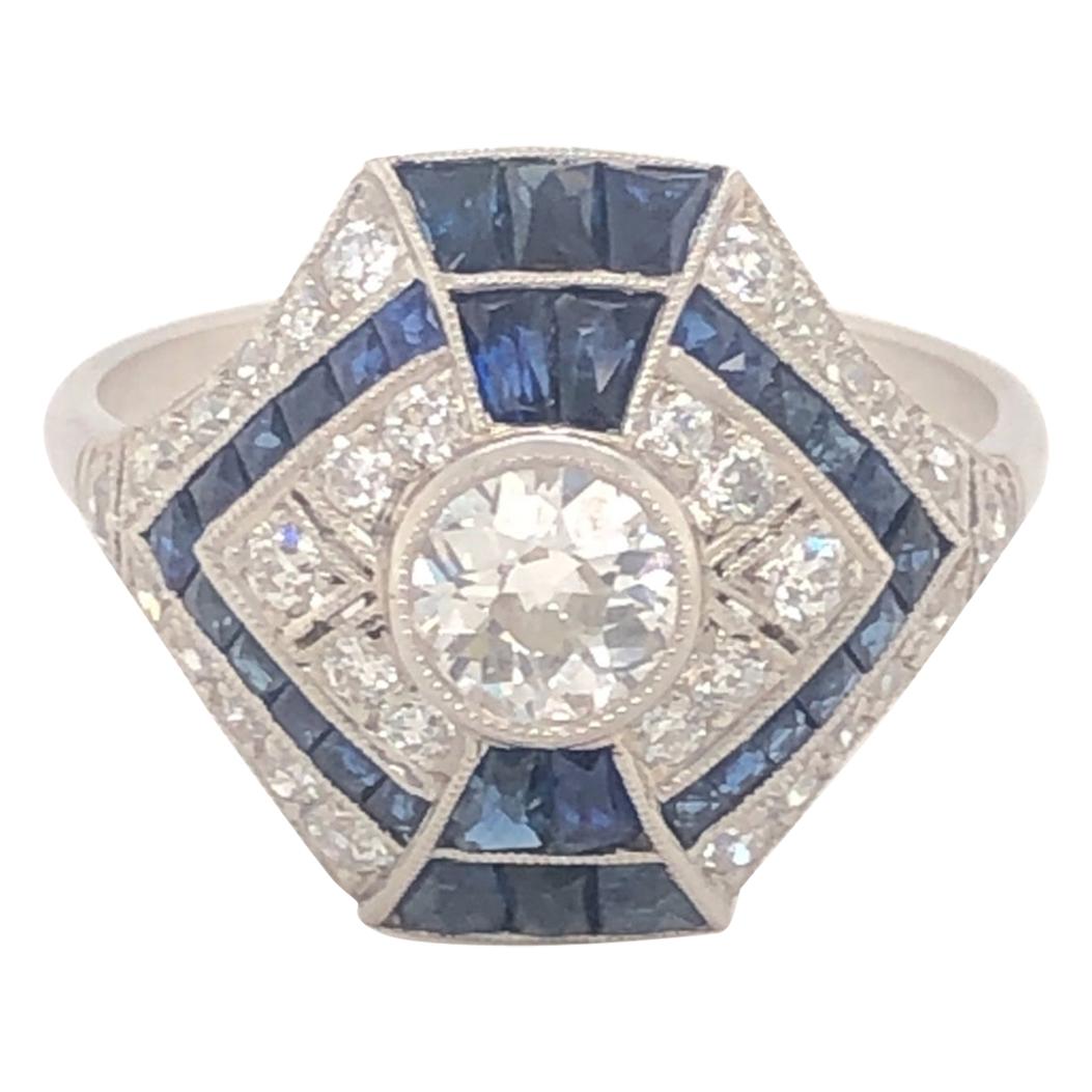 Art Deco Style Diamonds Sapphires Platinum Ring For Sale