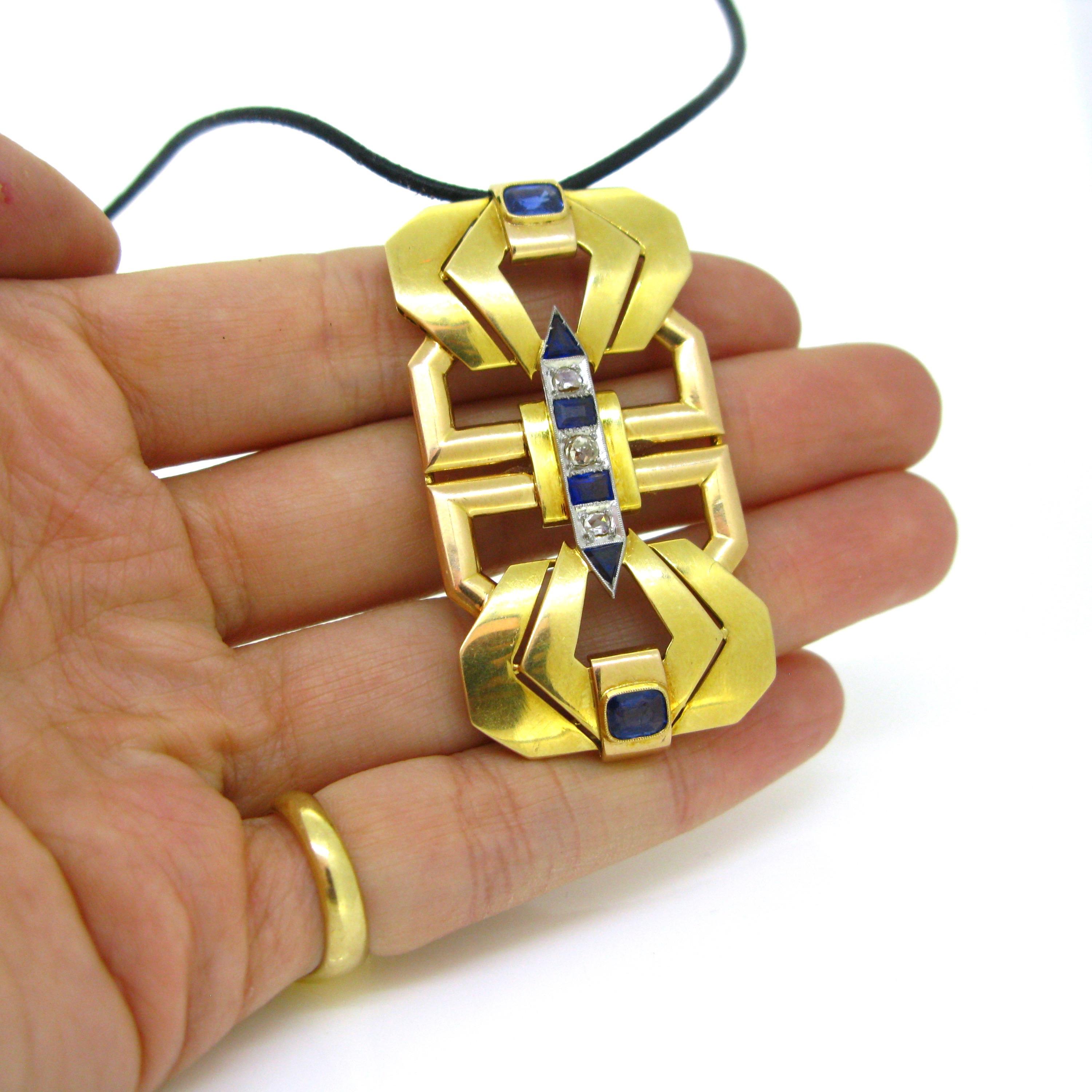 Women's or Men's Art Deco Diamonds Sapphires Yellow Gold Platinum Necklace Pendant