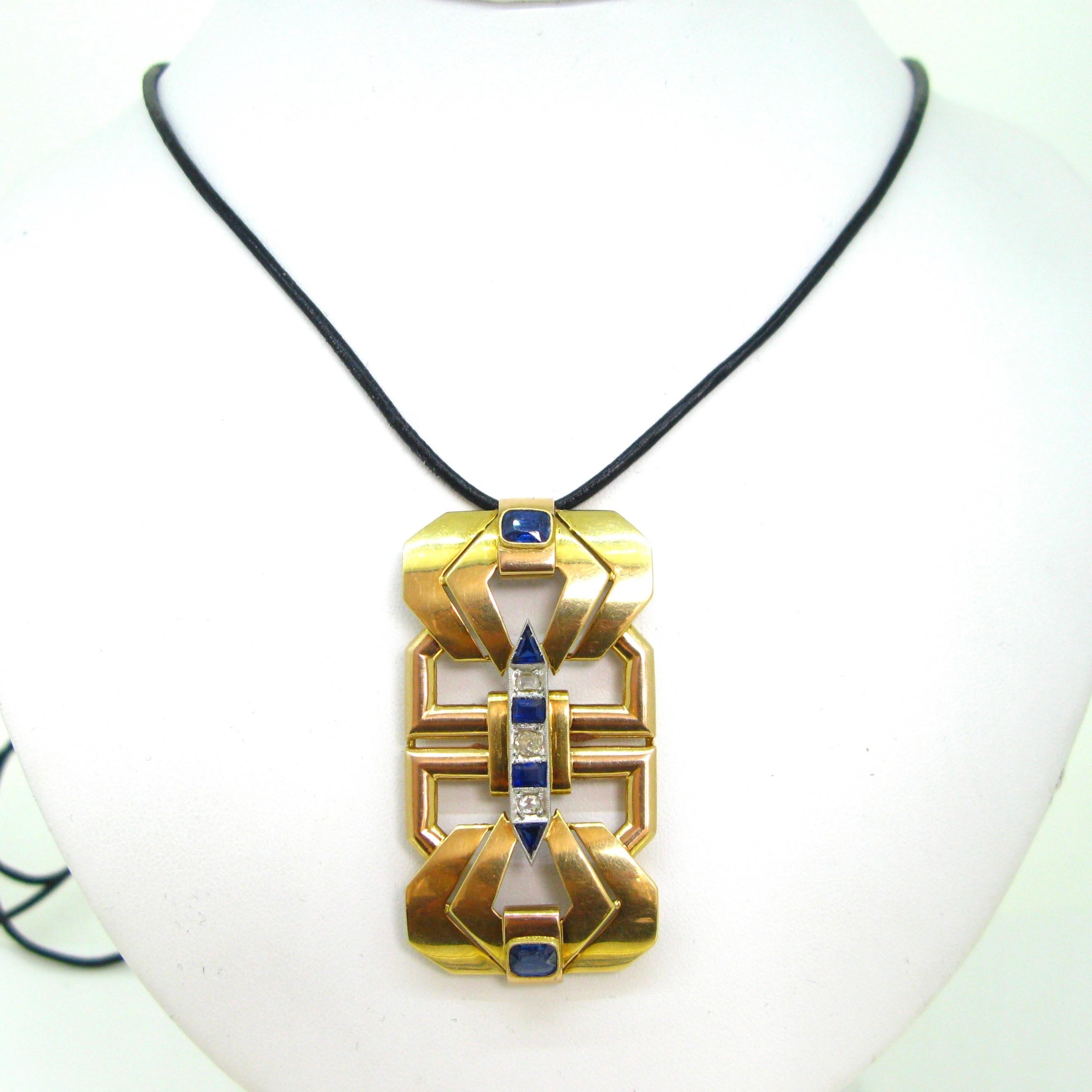 Art Deco Diamonds Sapphires Yellow Gold Platinum Necklace Pendant 1