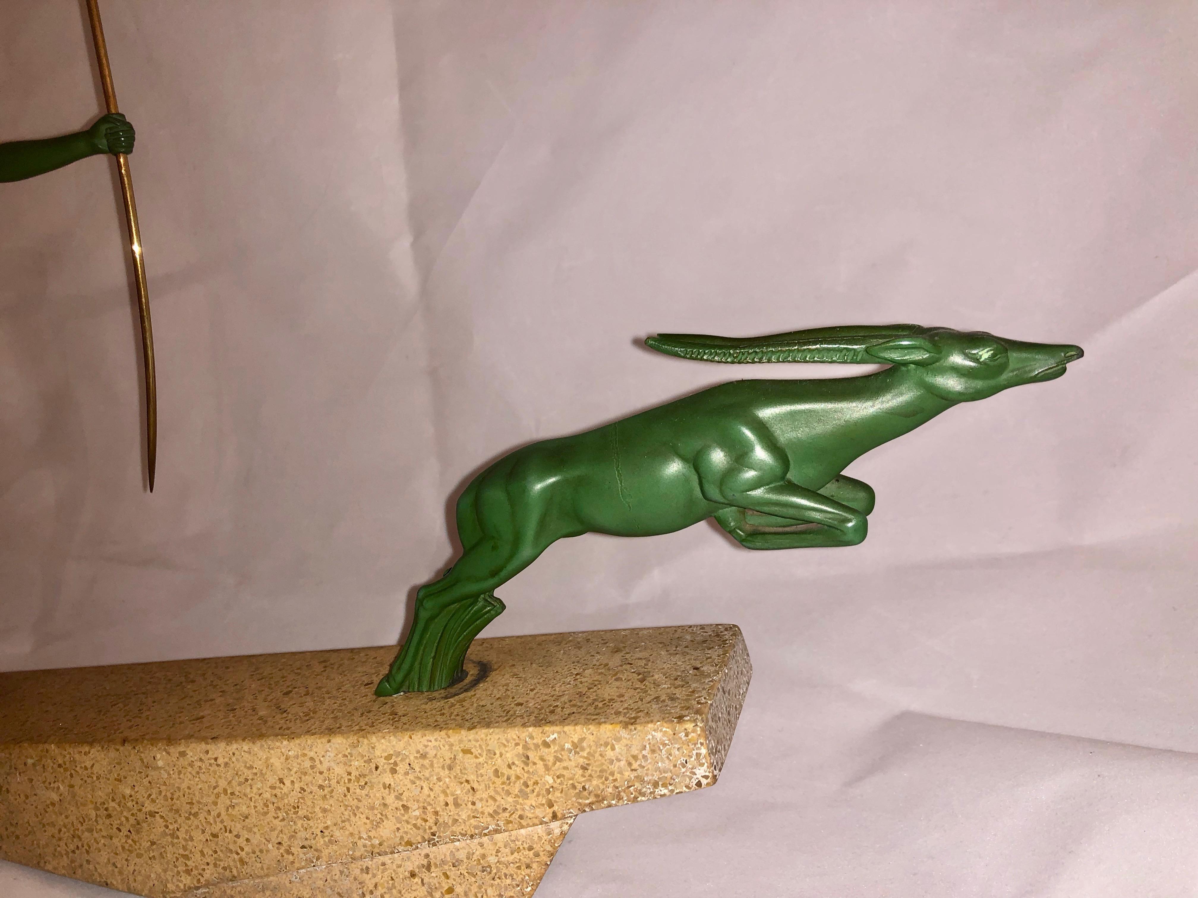 French Art Deco Diana Huntress and Leaping Antelope by Le Verrier and Demarco Base For Sale