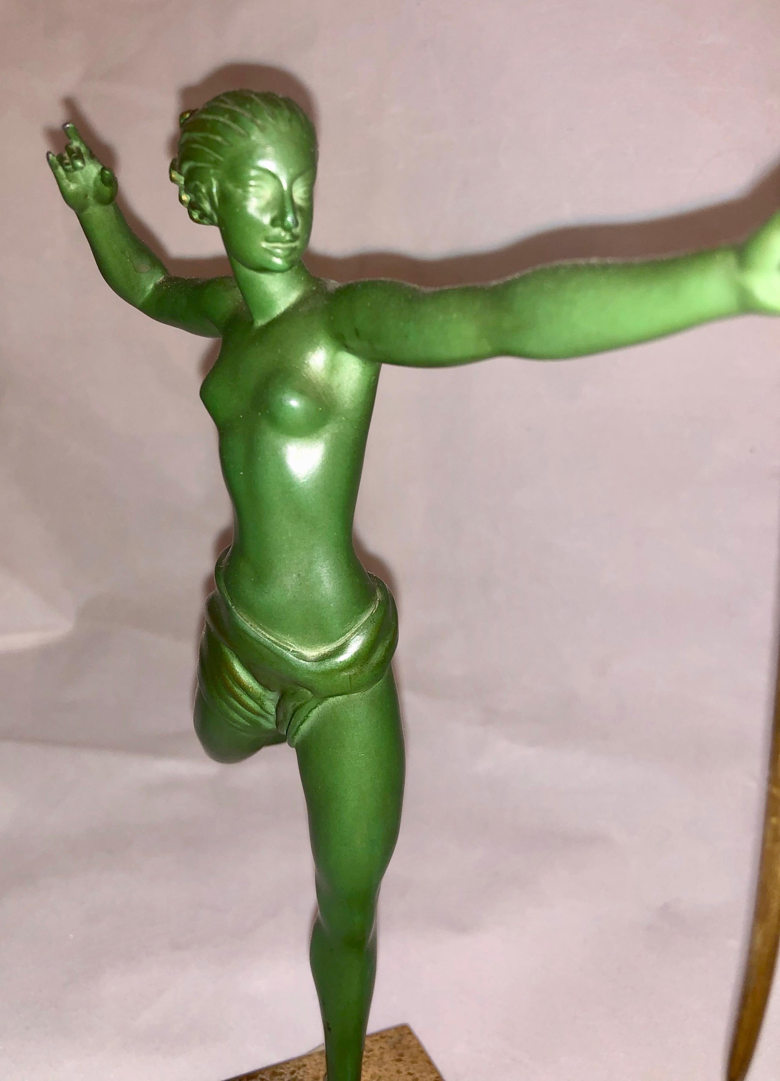 Art Deco Diana Huntress and Leaping Antelope by Le Verrier and Demarco Base In Good Condition For Sale In Oakland, CA