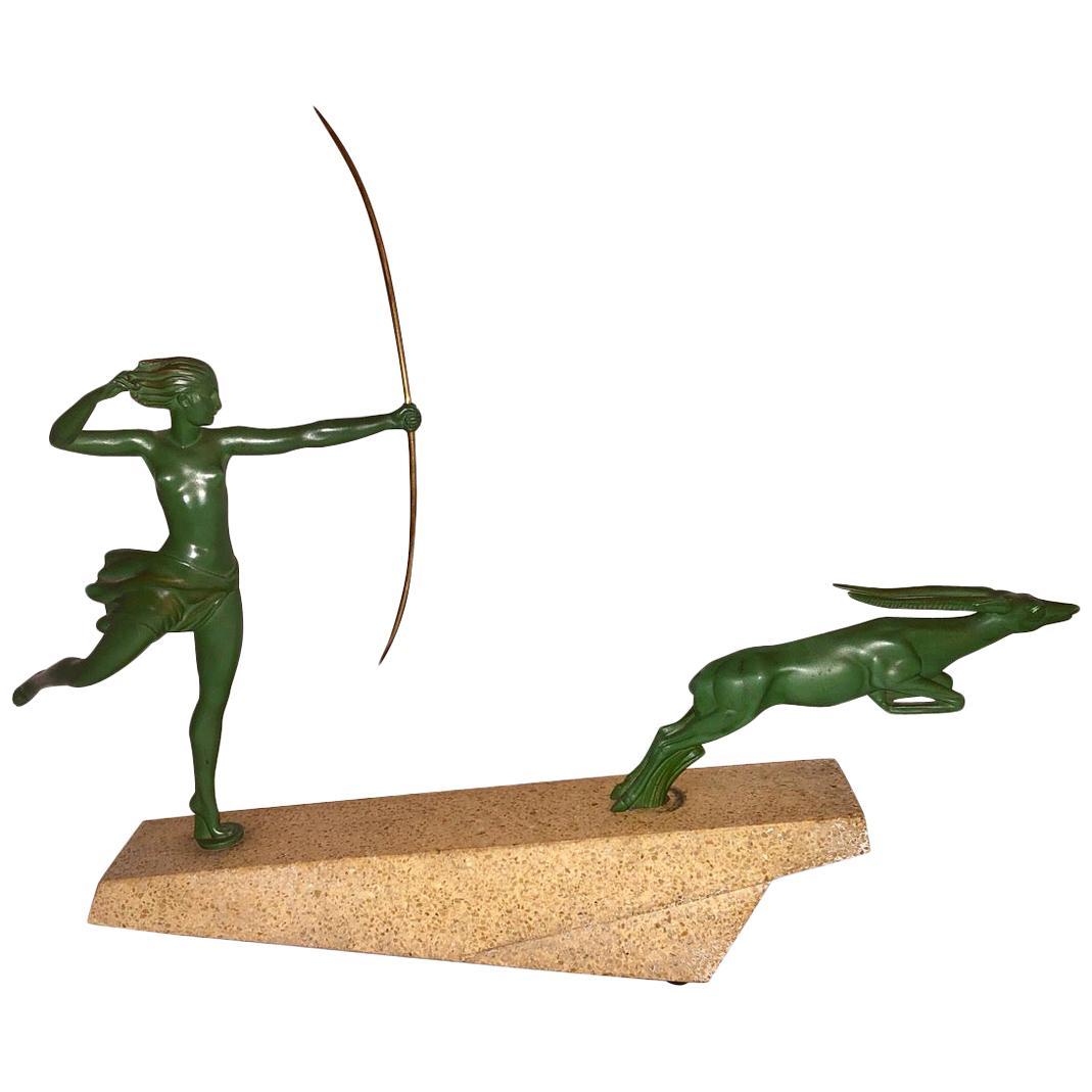 Art Deco Diana Huntress and Leaping Antelope by Le Verrier and Demarco Base For Sale