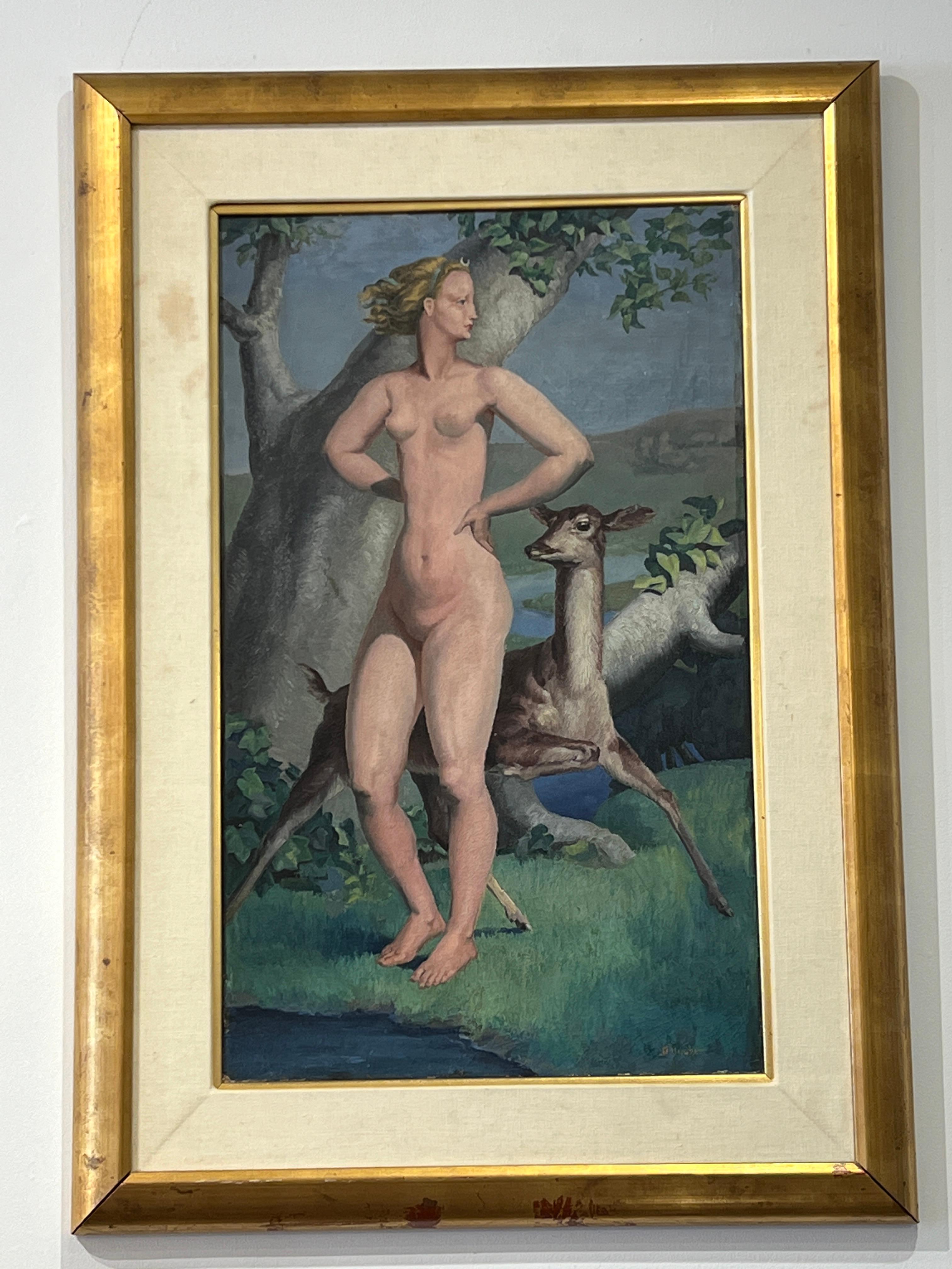 Pintura Art Decó al óleo sobre lienzo que representa una figura femenina con un cervatillo.