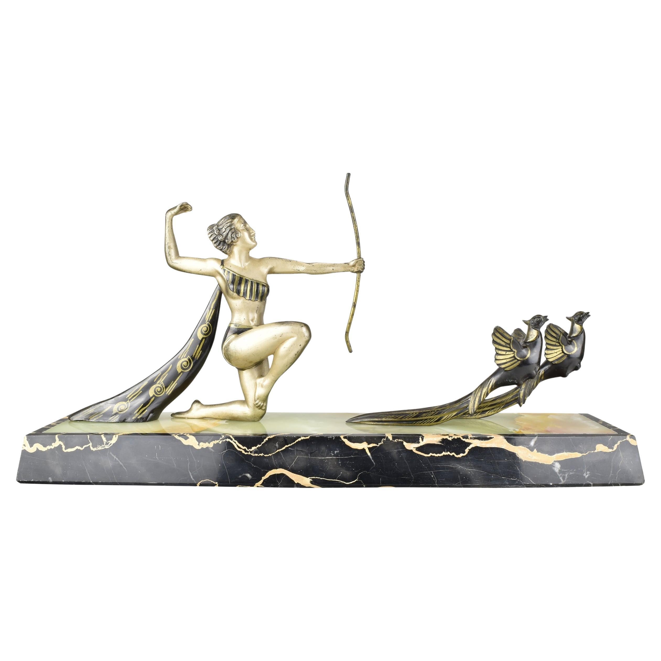 Art Deco Diana with Pheasants Sculpture by Uriano, France, 1930s For Sale