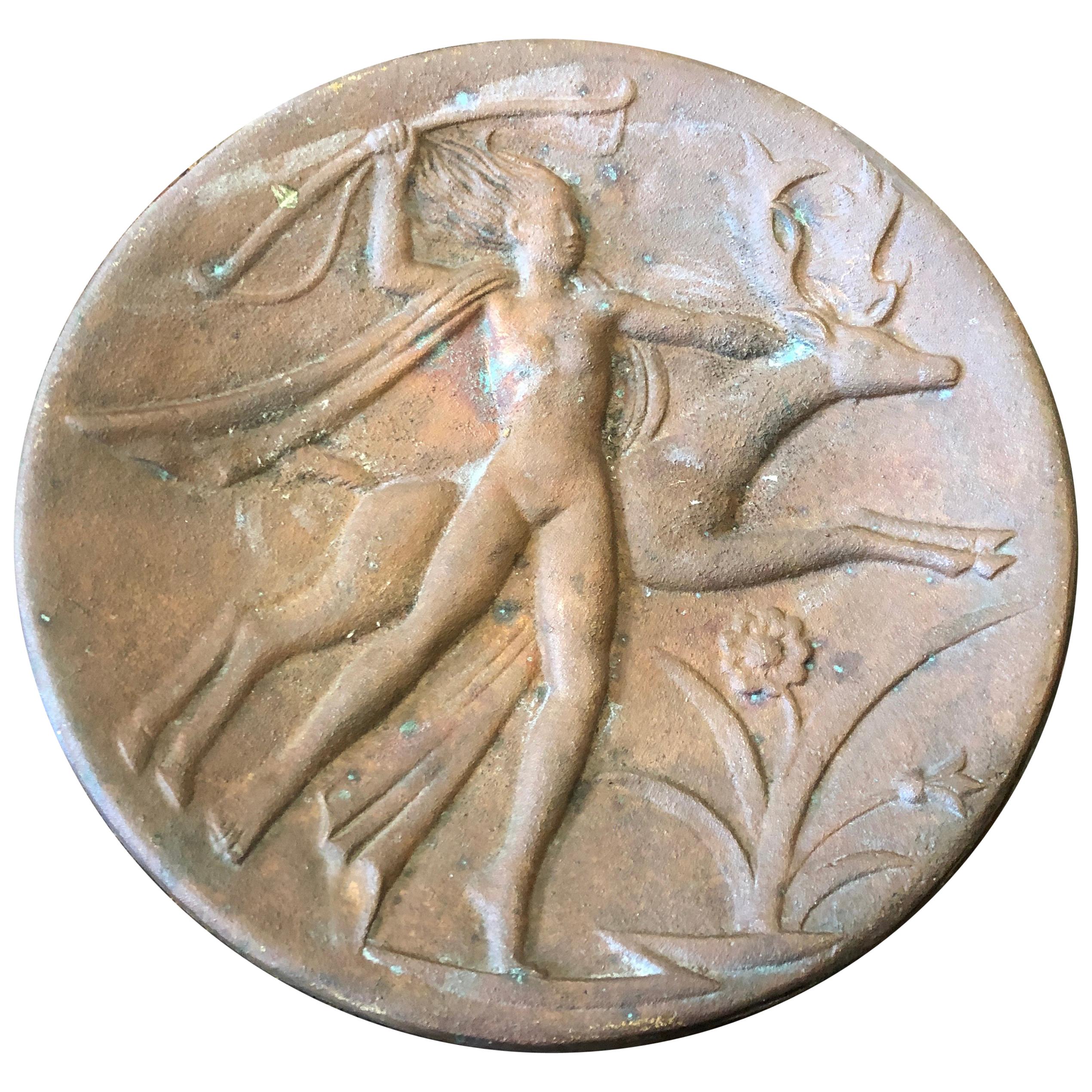 Art Deco Diane Bronze Italian Wall Plate, circa 1930