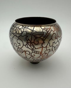 Art Deco Dinanderie Metal Vase with Geometric Decor, France, circa 1970