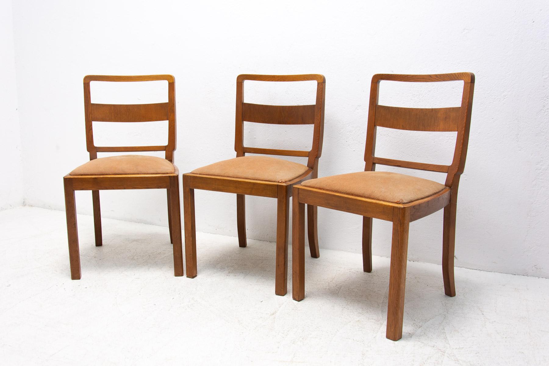 Fabric Art Deco Dining Chairs, 1930´s, Czechoslovakia, Set of 3