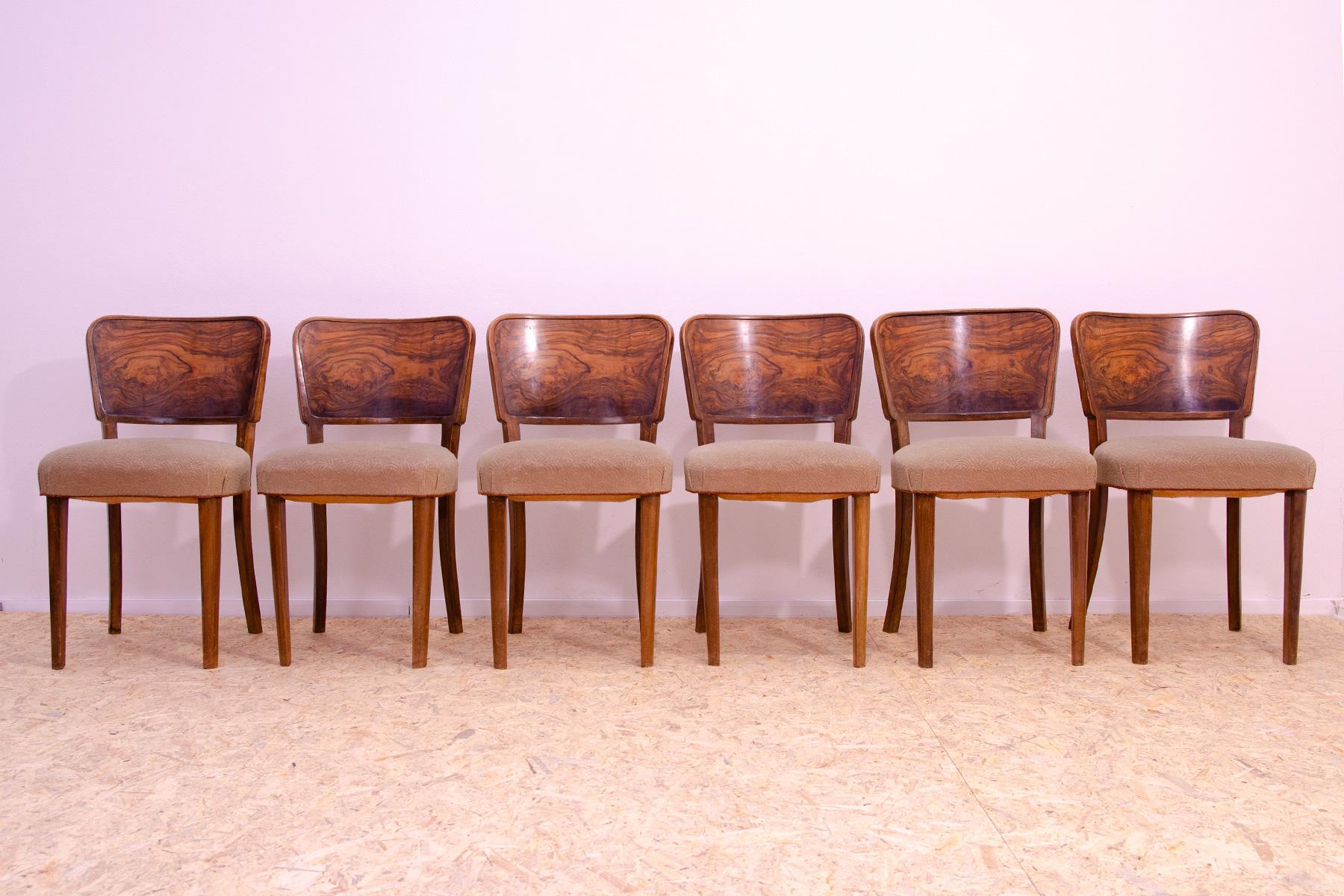 Ces chaises de salle à manger ont été fabriquées dans le style ART DECO dans l'ancienne Tchécoslovaquie dans les années 1930.

Fabriqué en noyer. En bon état Vintage, montrant des signes d'âge et d'utilisation.

Le prix est pour le lot de 6.

