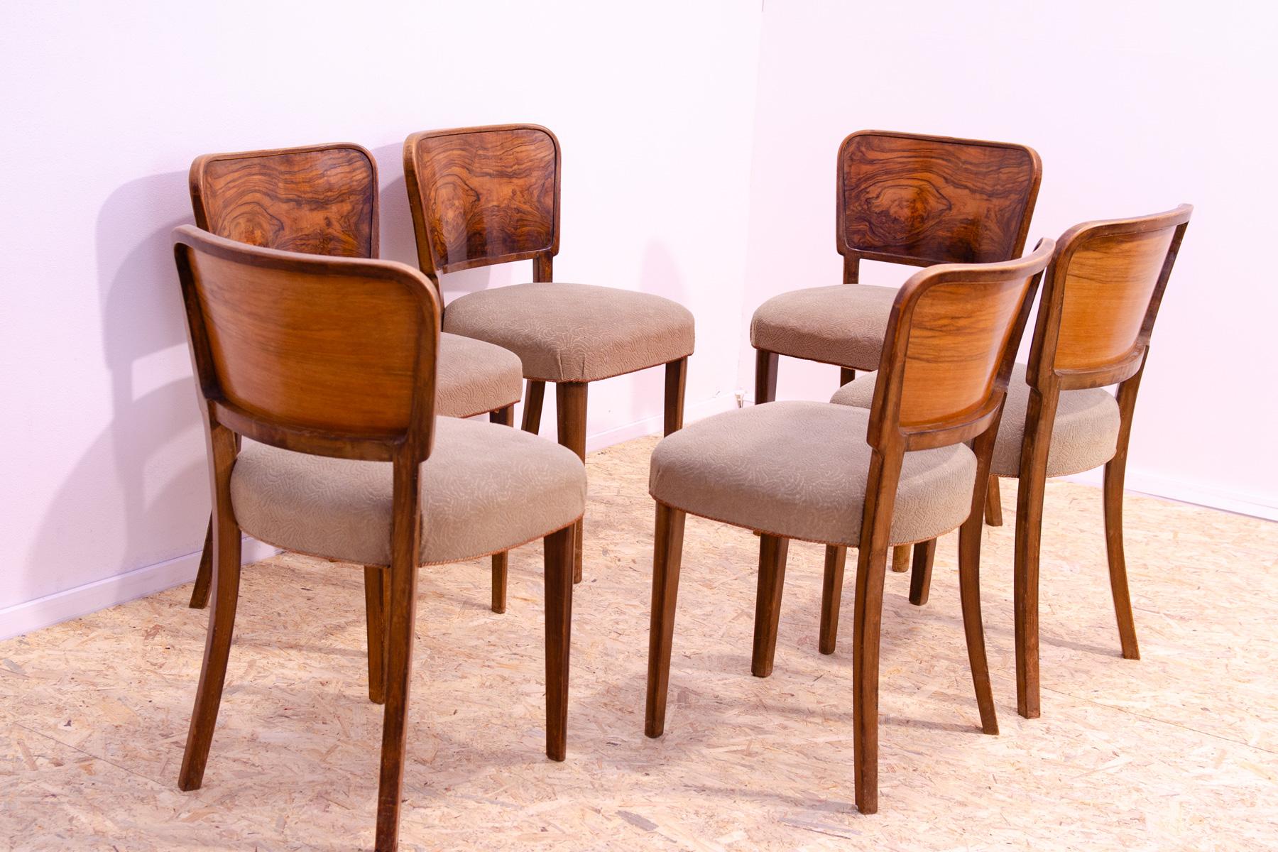 Fabric Art Deco dining chairs, 1930´s, Czechoslovakia, set of 6 For Sale