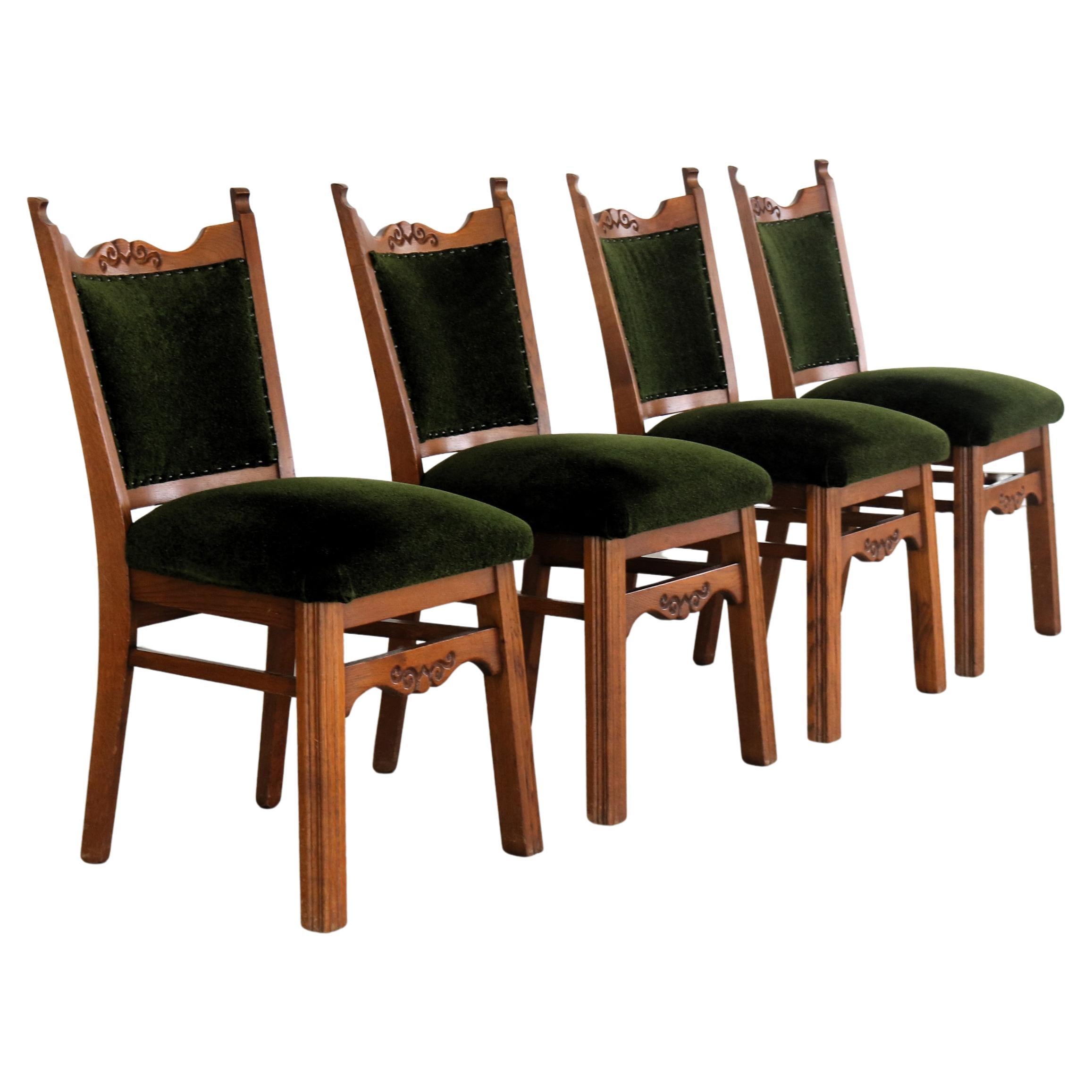 Set of Four Art Deco Dining Chairs, Oak and Fabric, Netherlands, 1940