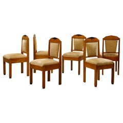 Antique Art Deco Dining Chairs in Oak and Velvet upholstery, Amsterdam School 1930s