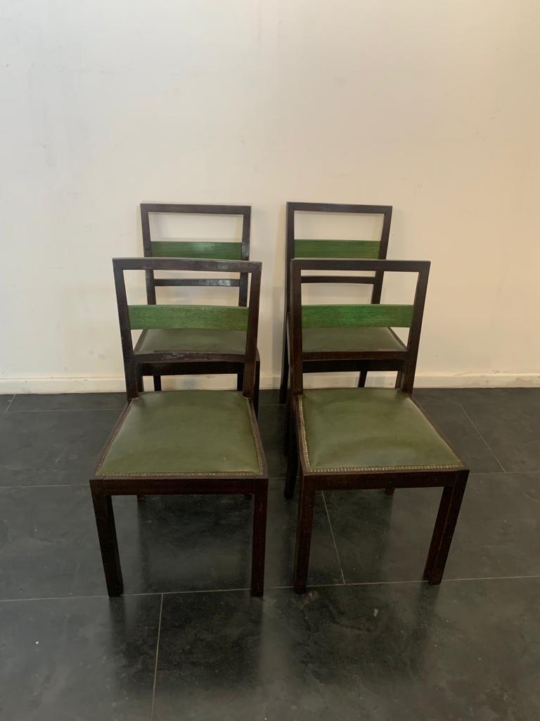 Art Deco dining chairs in stained beech, rosewood and green maple, 1930s, set of 4.
Packaging with bubble wrap and cardboard boxes is included. If the wooden packaging is needed (fumigated crates or boxes) for US and International Shipping, it's