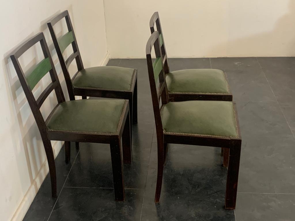 Mid-20th Century Art Deco Dining Chairs in Rosewood-Stained Beech and Green Maple, Set of 4 For Sale