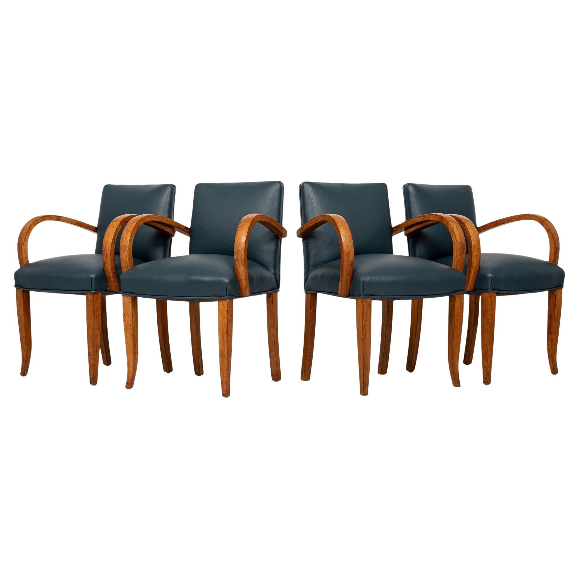 Sedie da pranzo Art Deco, legno d'acero e pelle blu, CIRCA 1930 in vendita