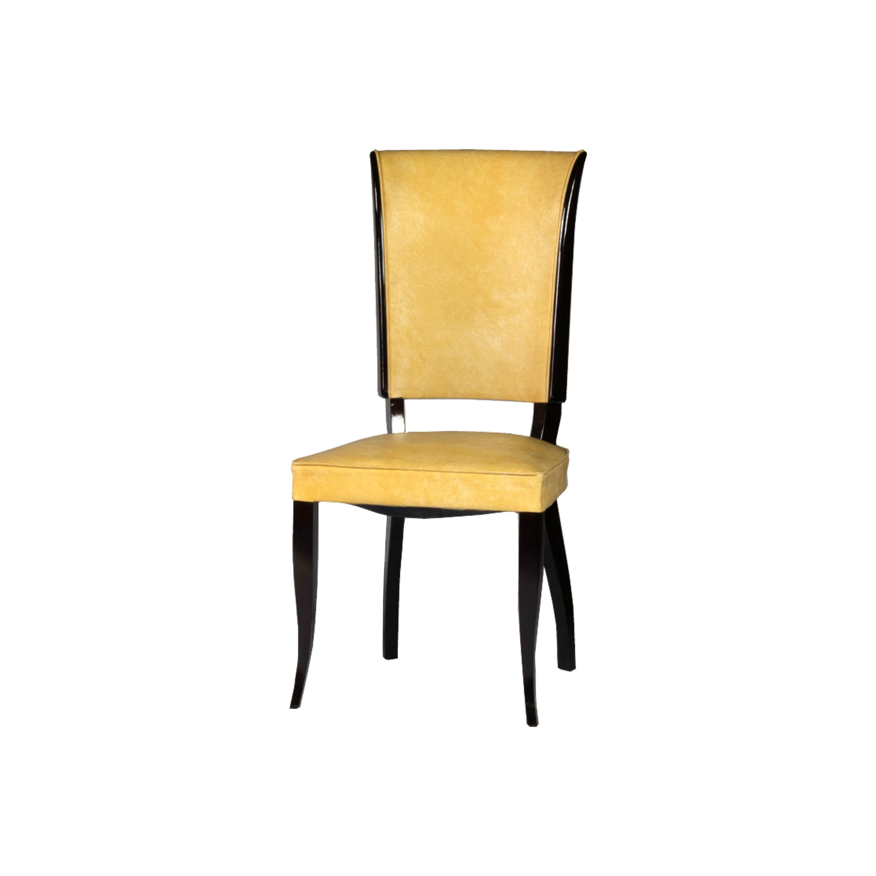 A very elegant set of six dining chairs finished with a lacquered doucine base polish and elegant yellow vinyl. 
Chairs in good condition, reviewed recently by a carpenter.
An exemplar set of Art Deco style for the perfect and timeless decor.

