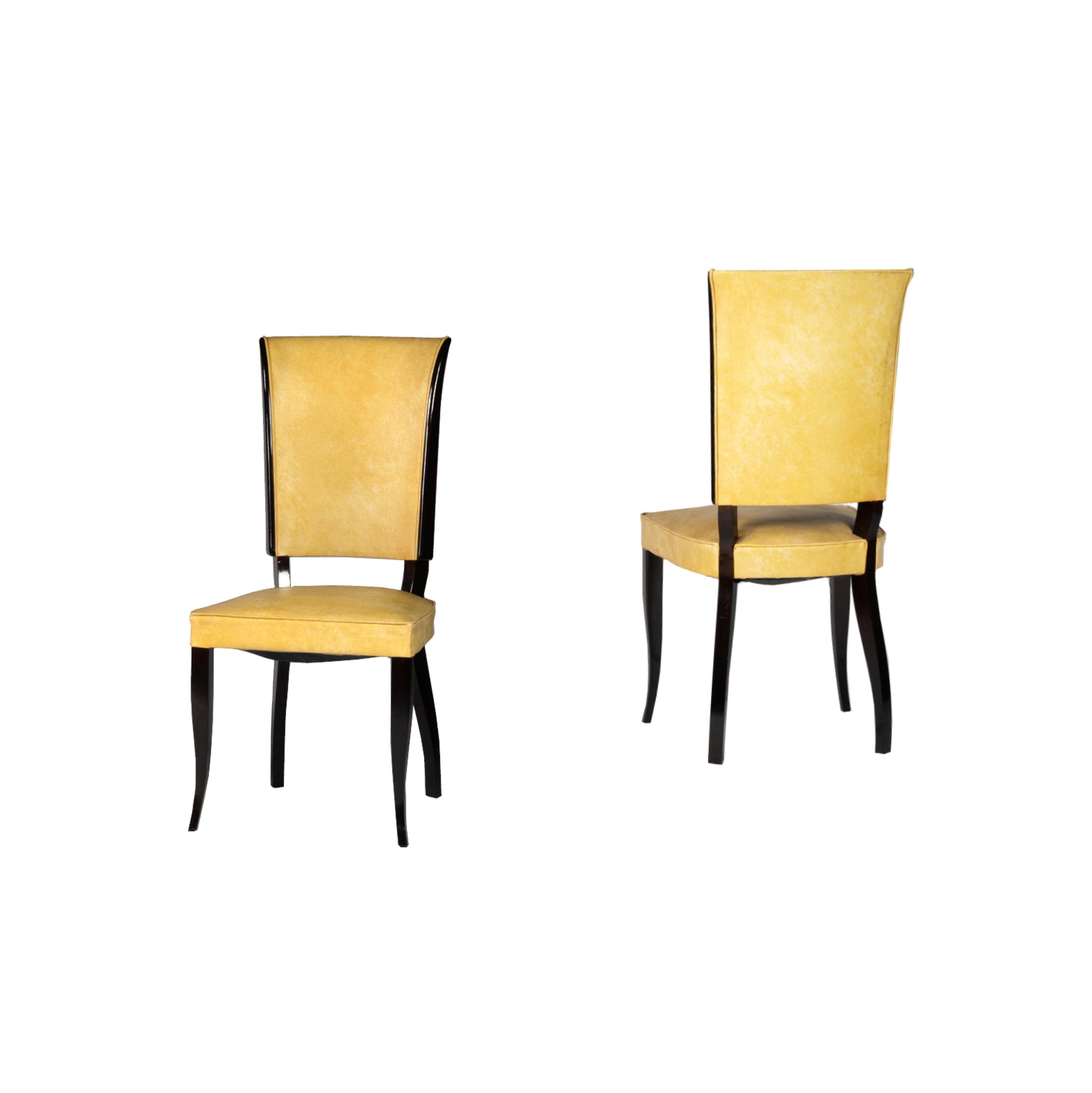 French Art Deco Dining Chairs Yellow Vinyl, Jules Leleu Style For Sale
