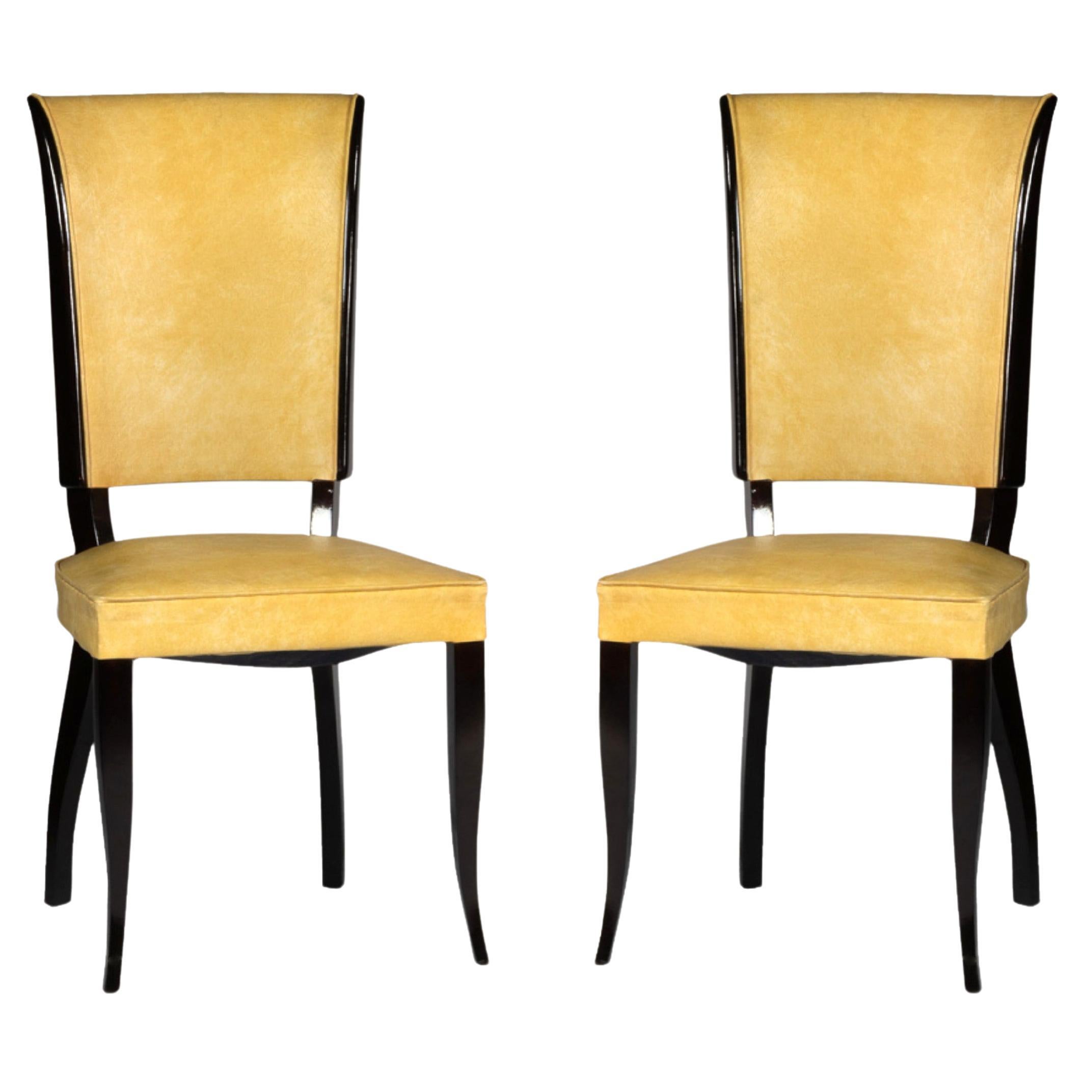 Chaises de salle à manger Art déco en vinyle jaune, style Jules Leleu