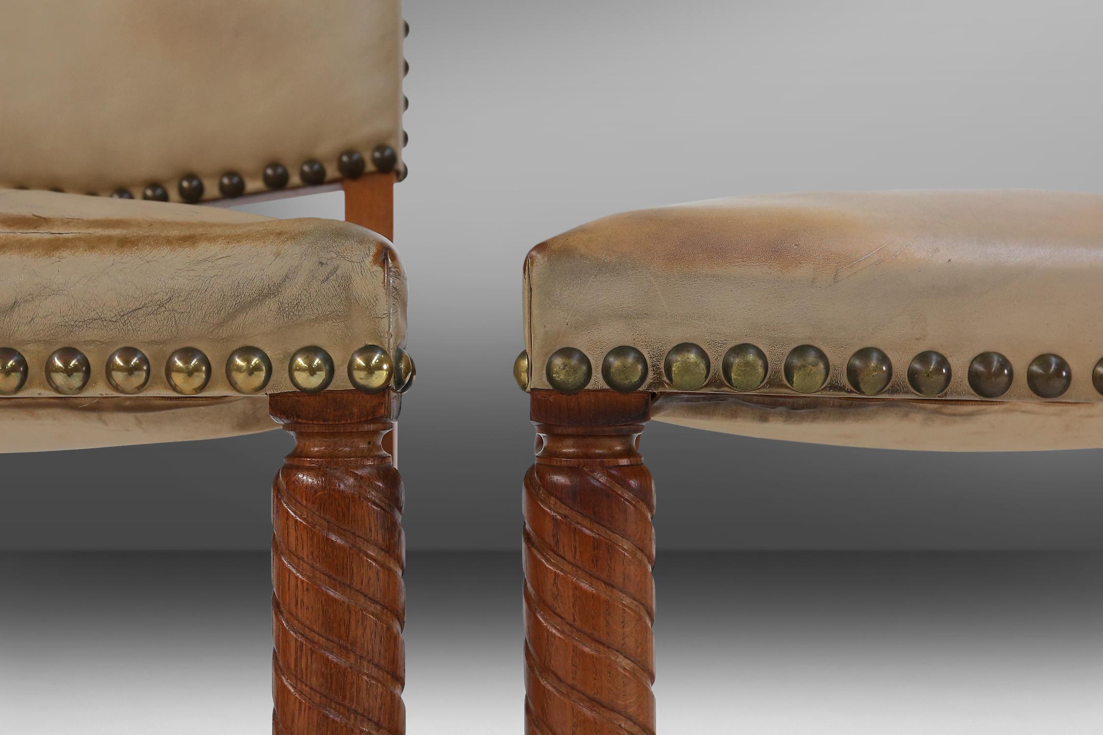 Belgian Art Deco Dining Roo Chairs in Oak and Leather, 1940's For Sale