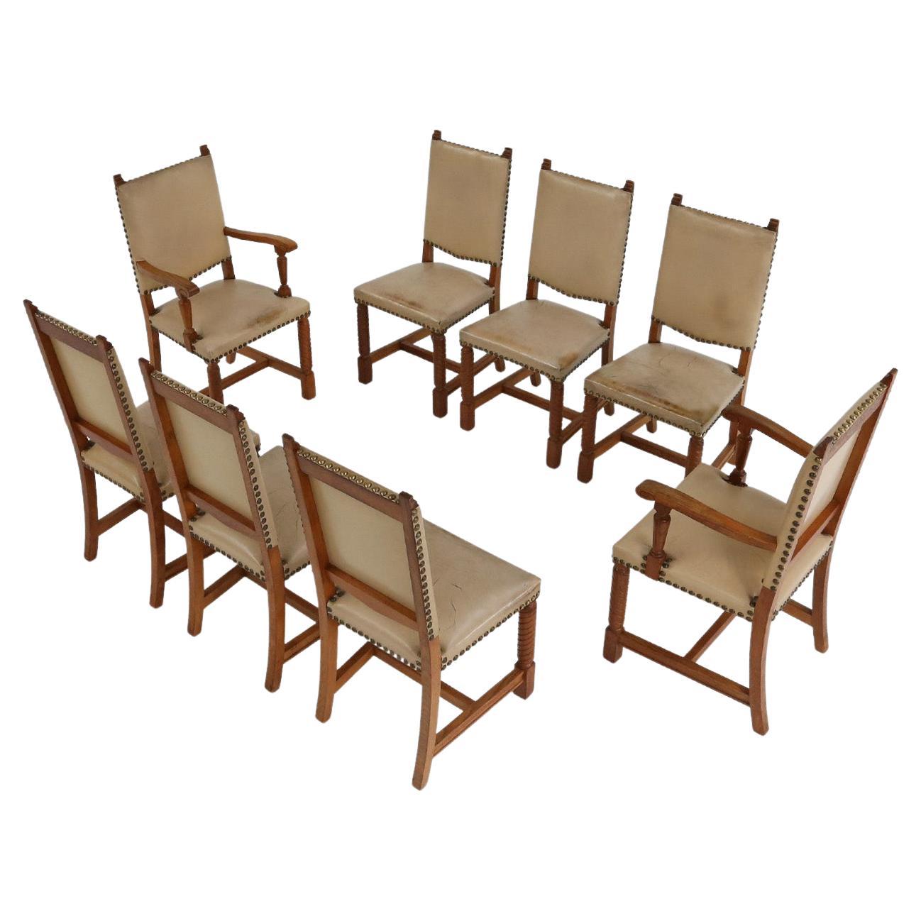 Art Deco Dining Roo Chairs in Oak and Leather, 1940's For Sale