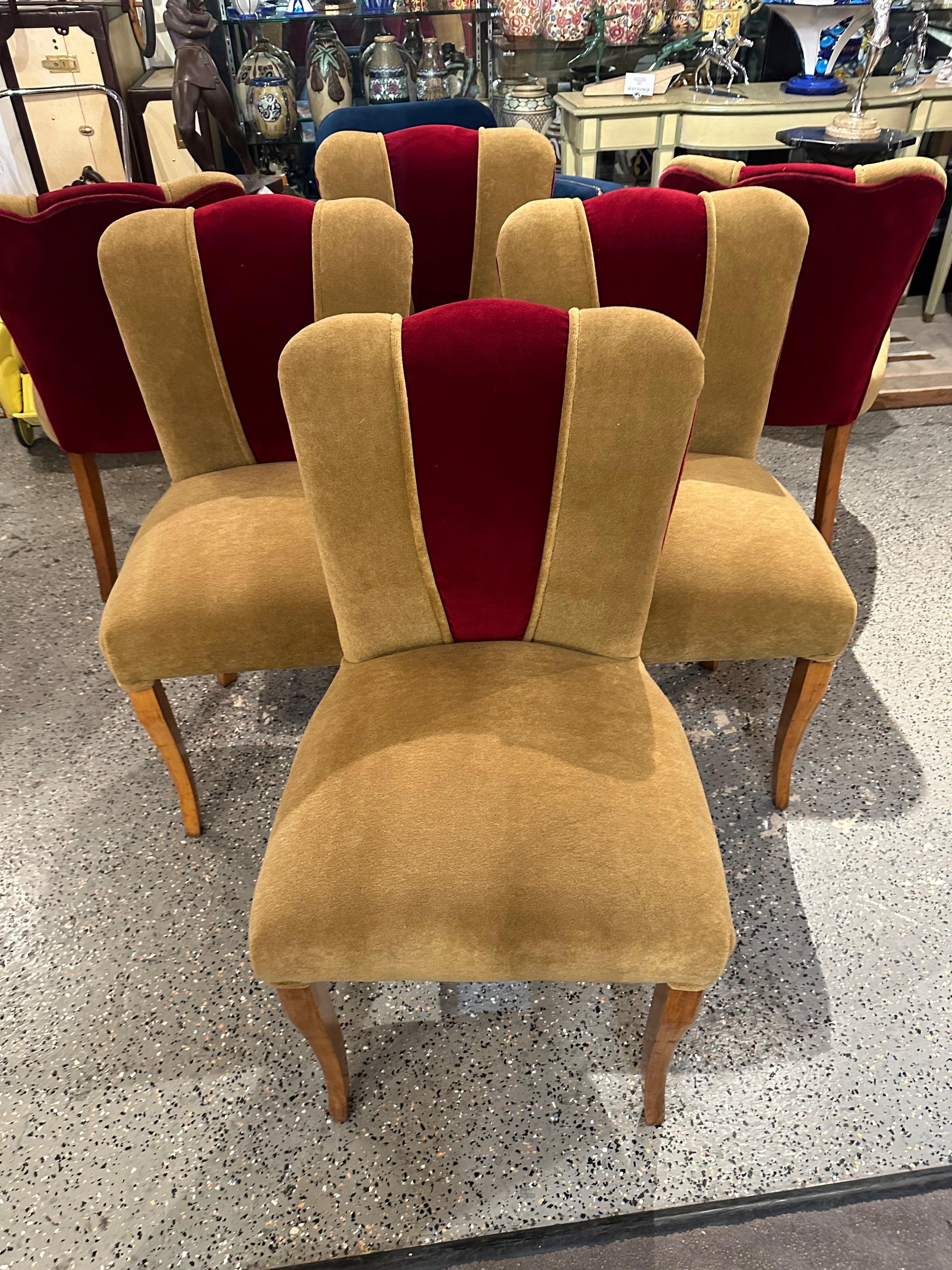 Art Deco dining room or side chairs French Style Mohair. Two-tone mohair in light tan and deep burgundy with a natural wood finish. Newly reupholstered, padded, and reglued to make these ready for another 50 years of use.

Very comfortable, and