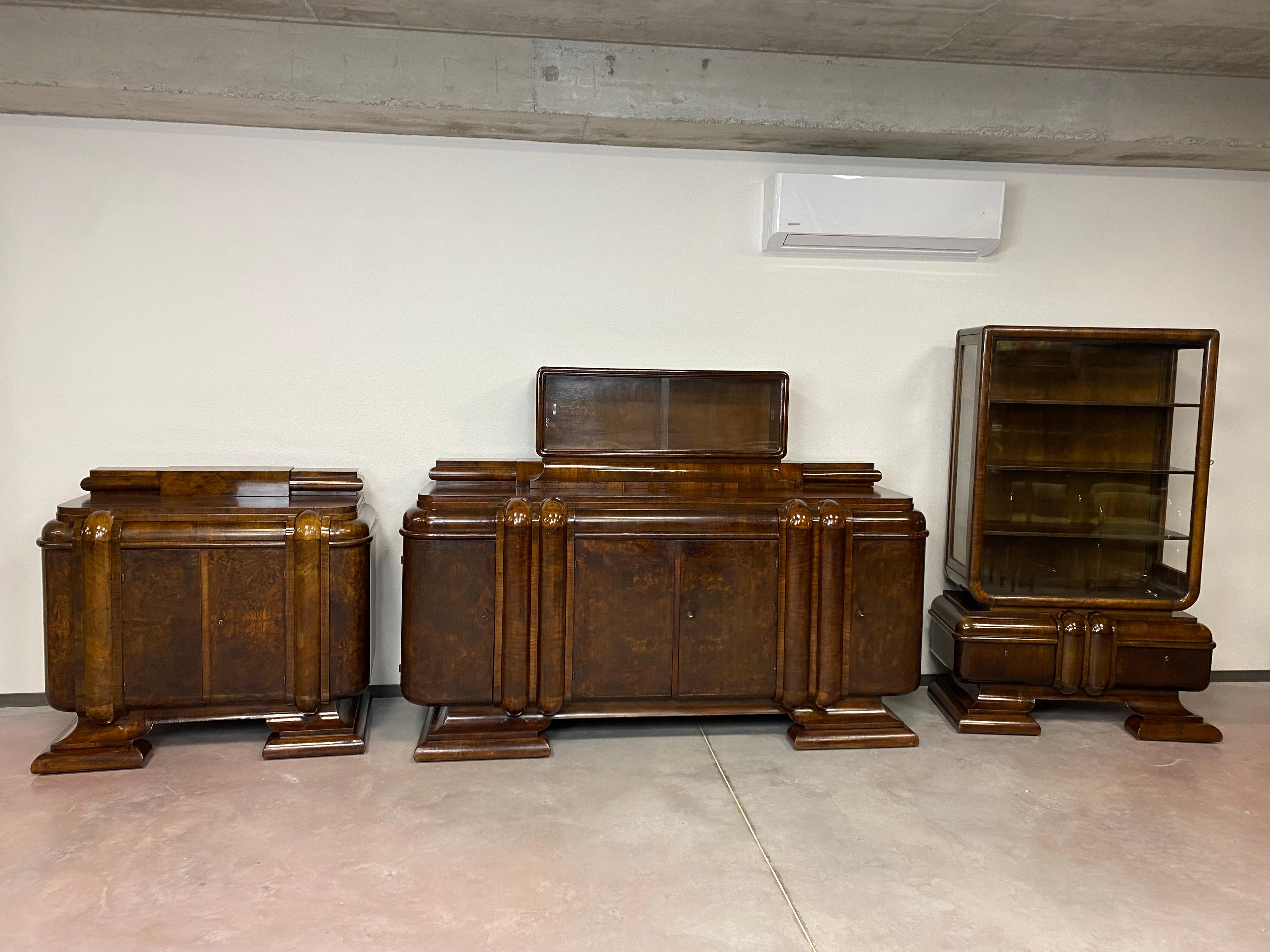 Art Deco dining room set consists of small cabinet 109x120x60cm, big cabinet 156x220x73cm and showcase 178x115x52cm.