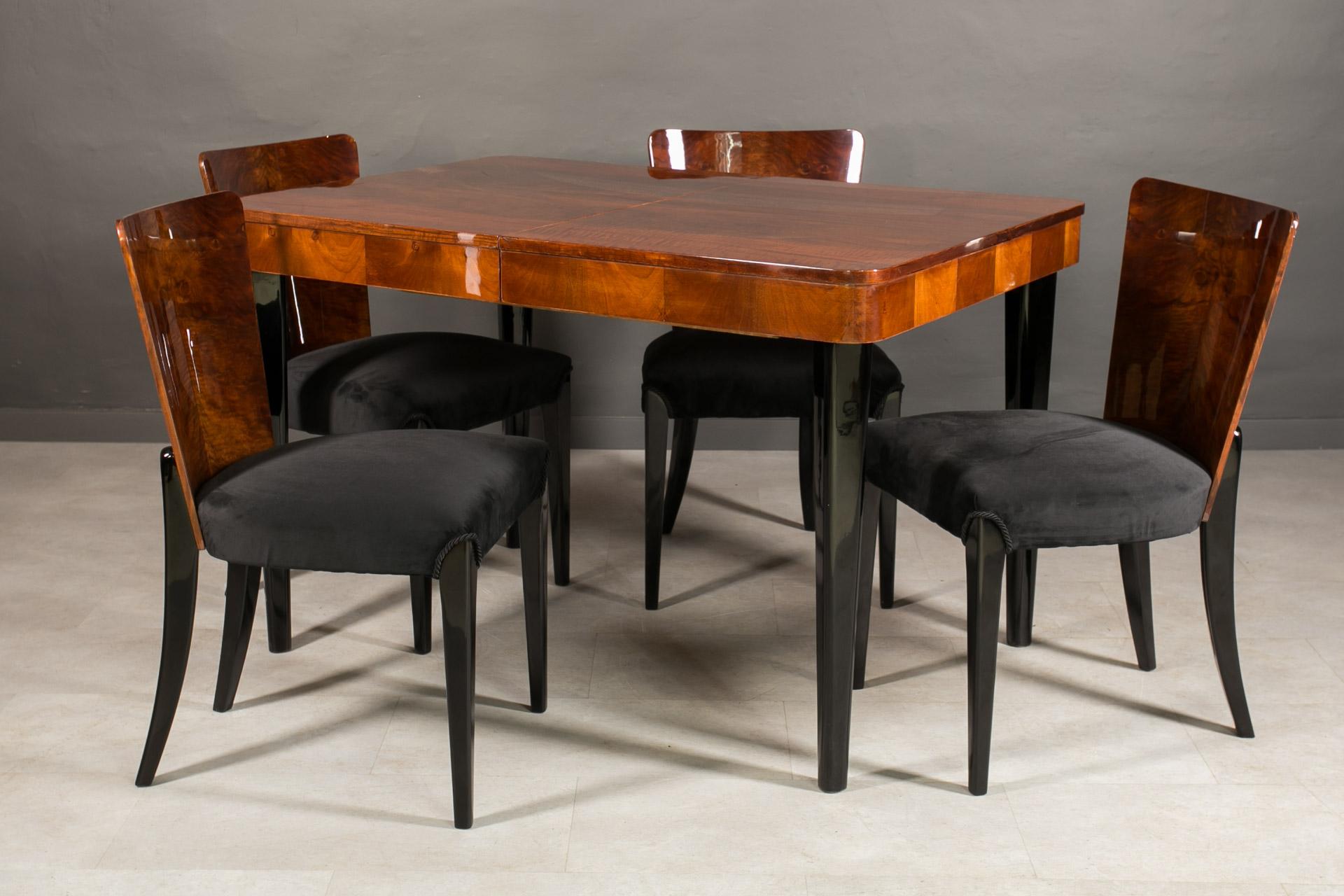 Czech Art Deco Dining Set by J. Halabala, Extendable Table in Walnut, 4 Chairs For Sale