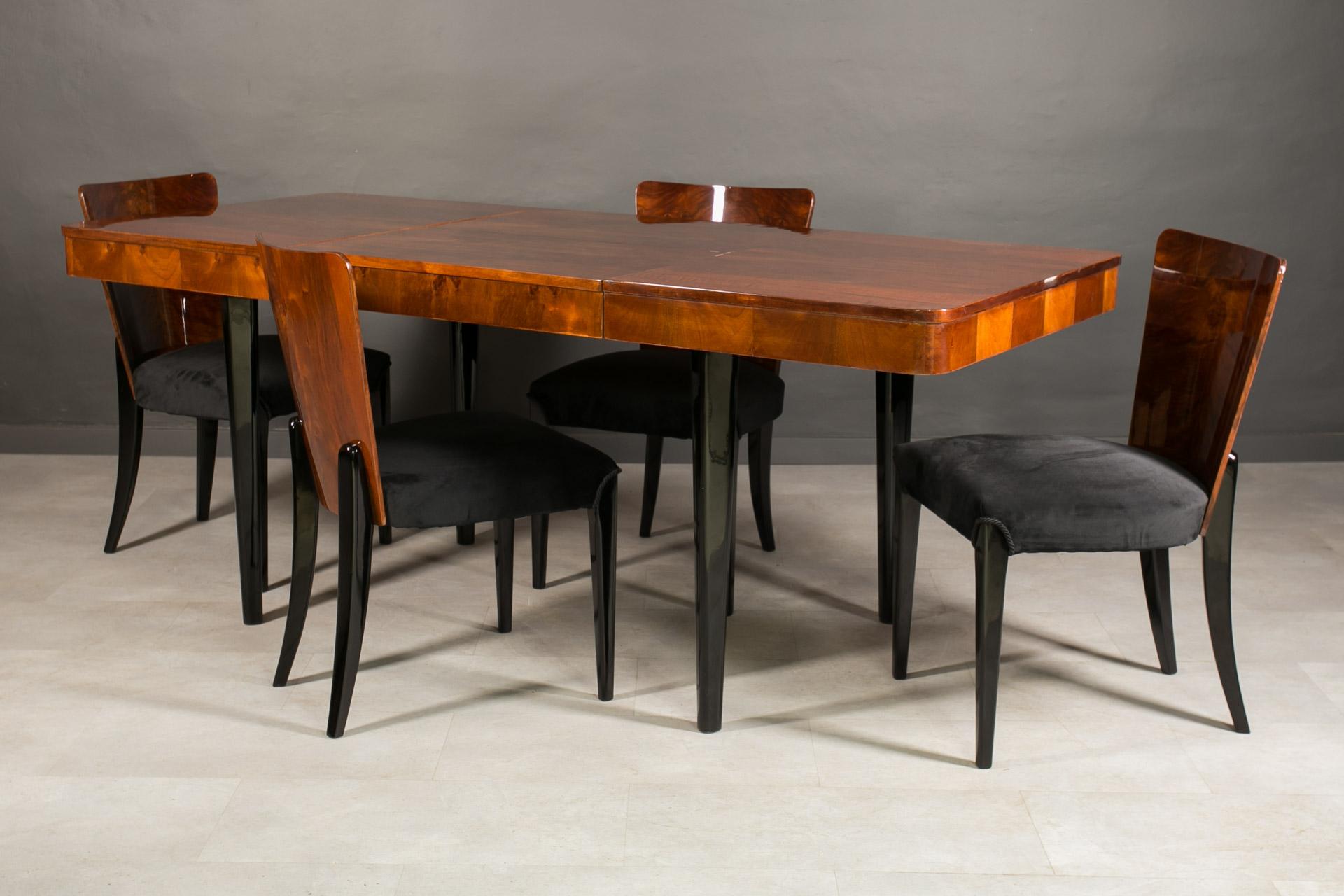 Lacquered Art Deco Dining Set by J. Halabala, Extendable Table in Walnut, 4 Chairs For Sale