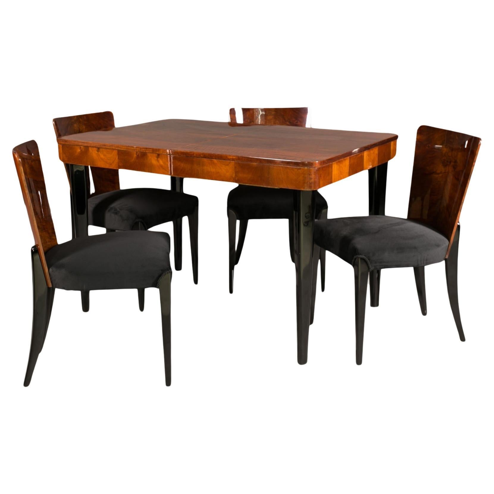 Art Deco Dining Set by J. Halabala, Extendable Table in Walnut, 4 Chairs
