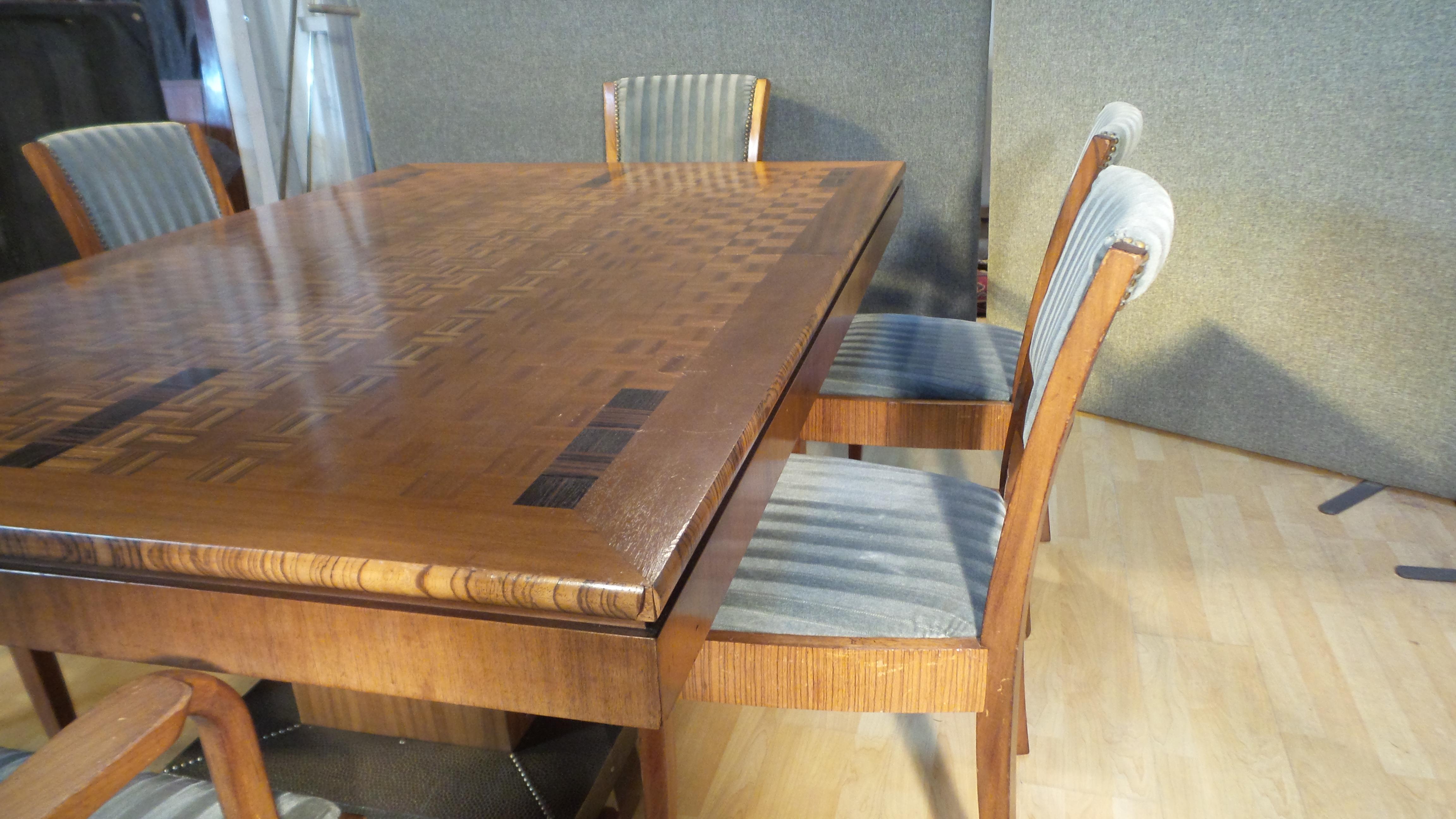Inlay Art Deco Dining Set or Boardroom Table and 6 Chairs Hammered Metal Base For Sale
