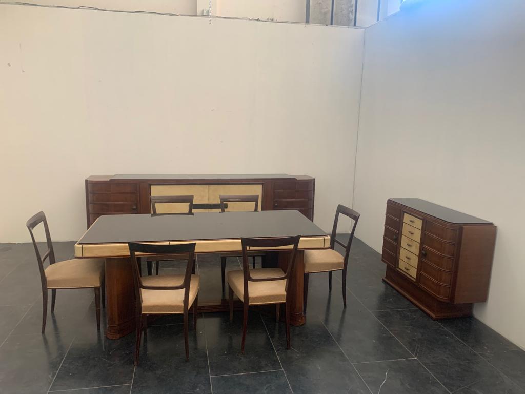 Art Deco Dining Set Sideboard, Bar Cabinet, Table, Chairs in Rosewood and Parchm In Good Condition For Sale In Montelabbate, PU