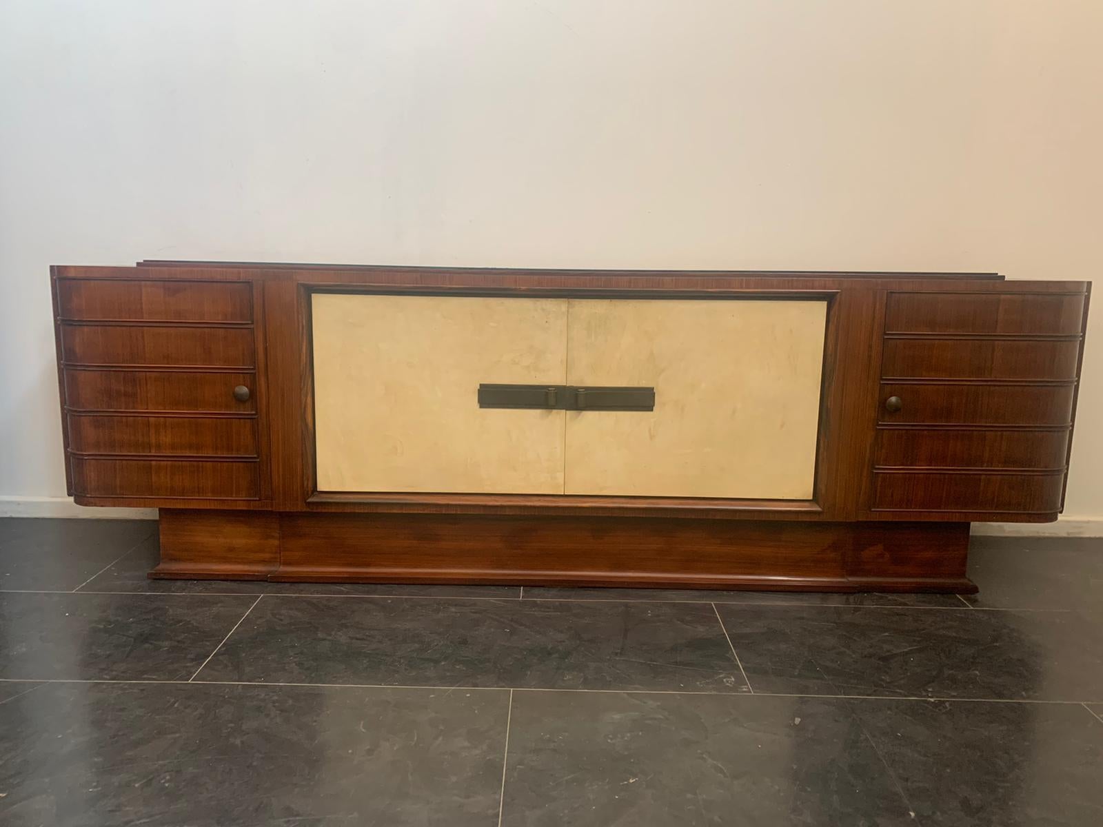 Mirror Art Deco Dining Set Sideboard, Bar Cabinet, Table, Chairs in Rosewood and Parchm For Sale