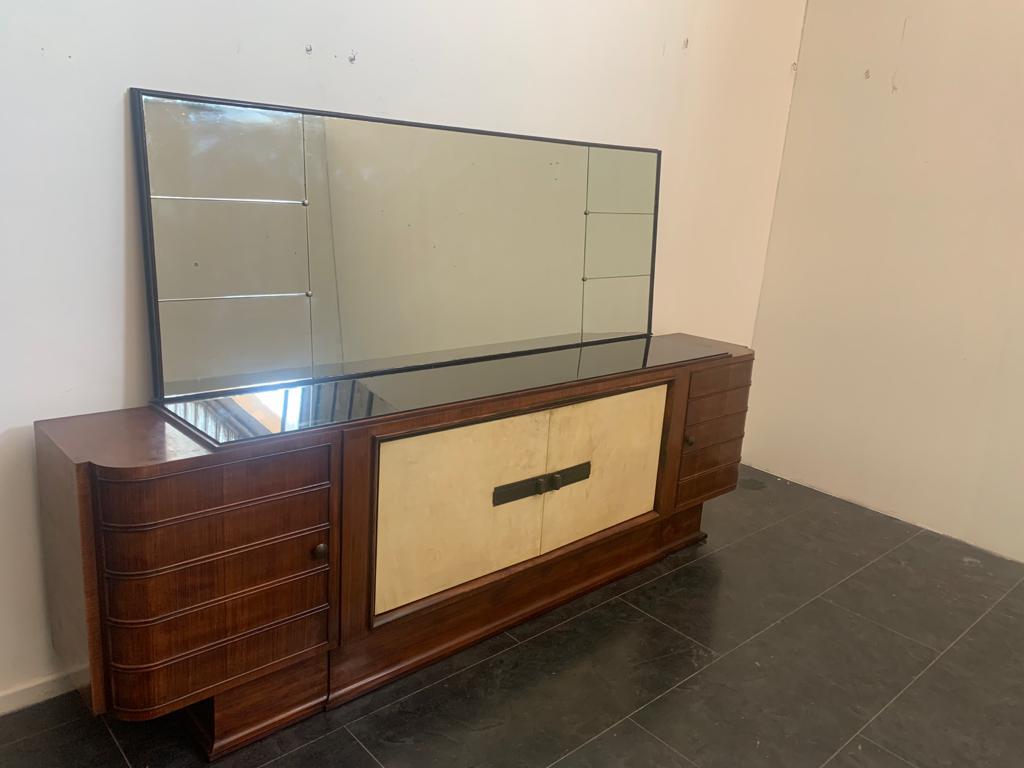 Art-Déco-Esszimmer-Sideboard, Barschrank, Tisch, Stühle aus Palisanderholz und Parchm (Spiegel) im Angebot
