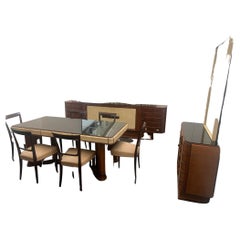 Art Deco Dining Set Sideboard, Bar Cabinet, Table, Chairs in Rosewood and Parchm