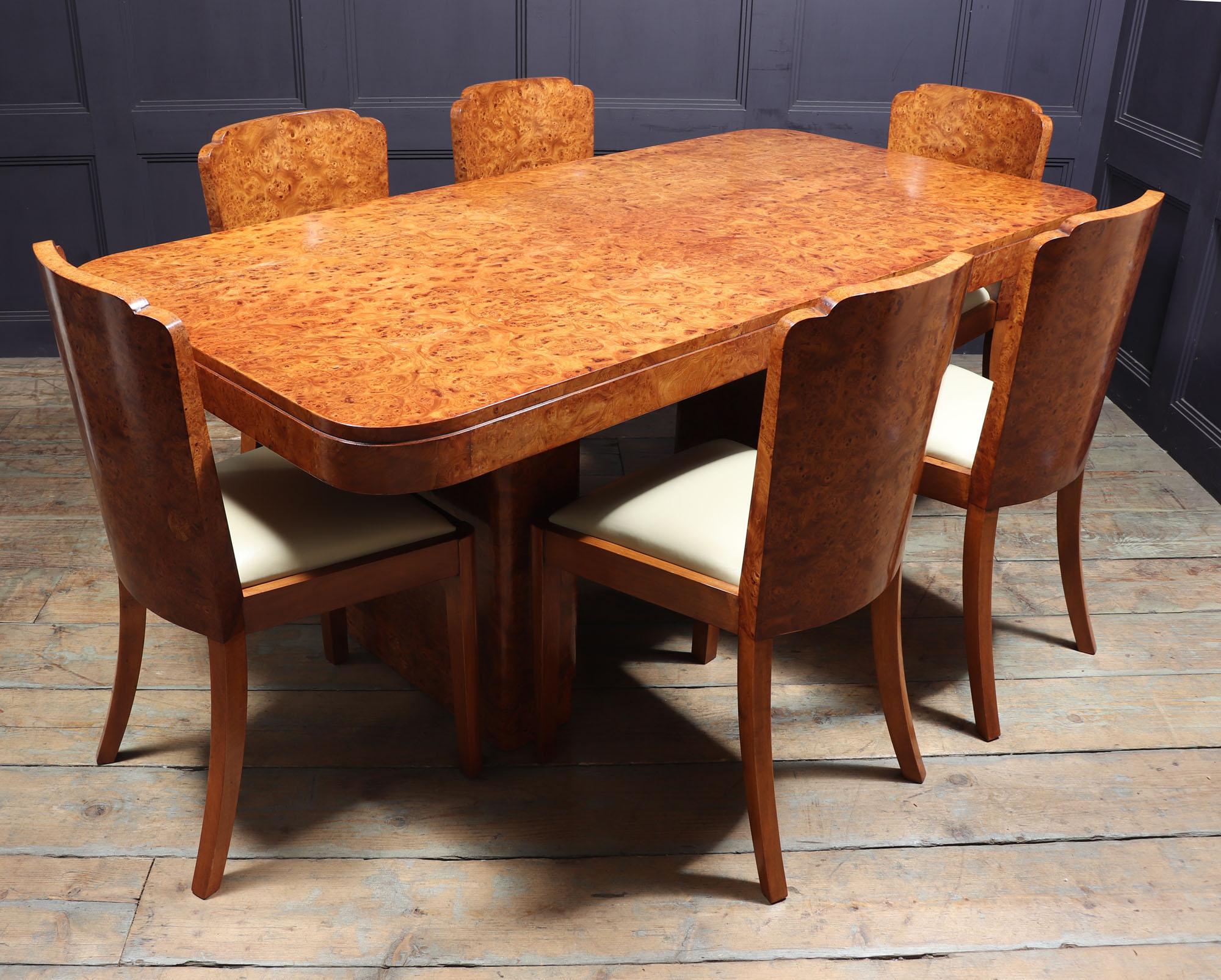 Art Deco Dining Table and Chairs in Burr Walnut In Excellent Condition In Paddock Wood Tonbridge, GB