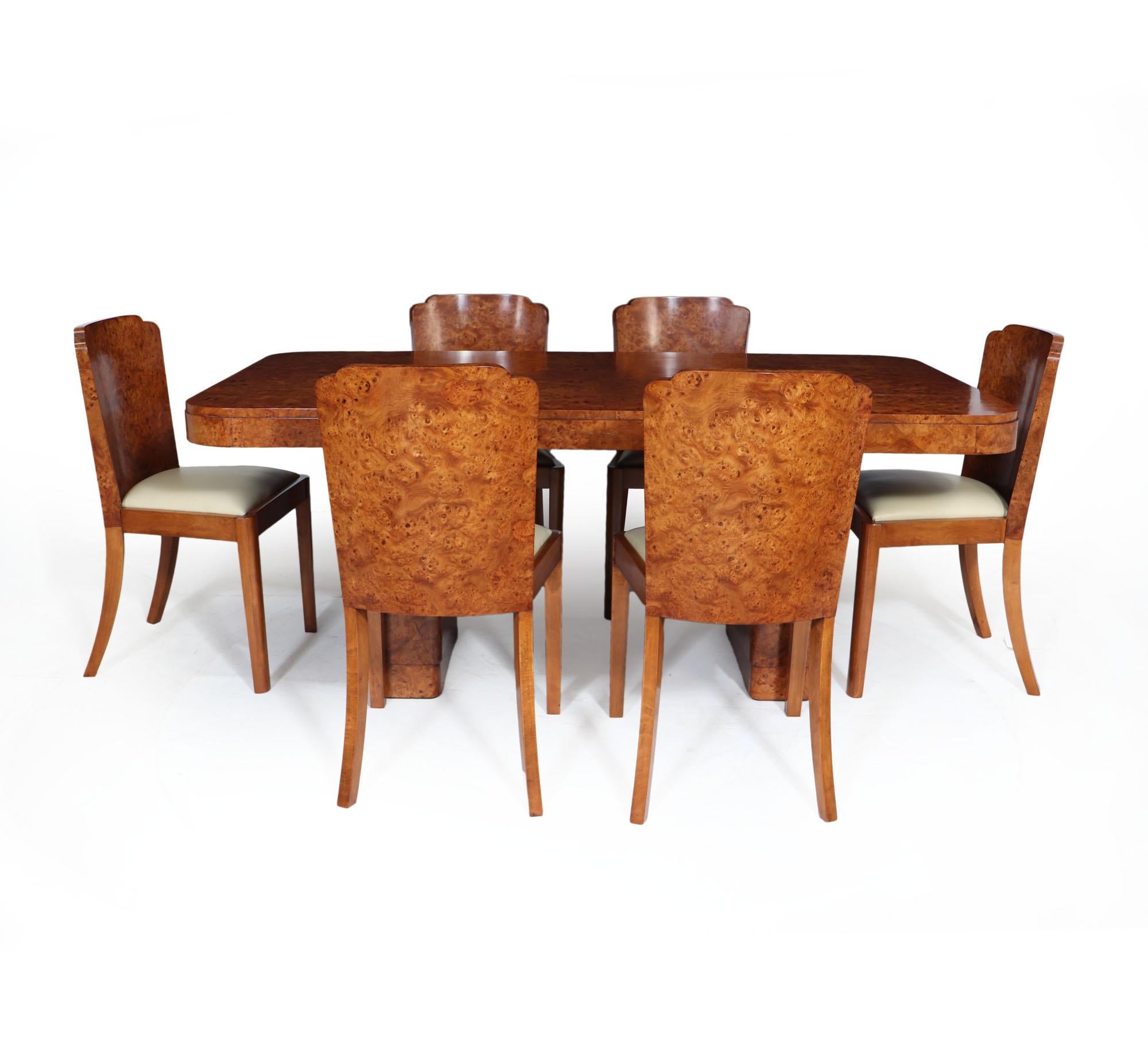 Mid-20th Century Art Deco Dining Table and Chairs in Burr Walnut